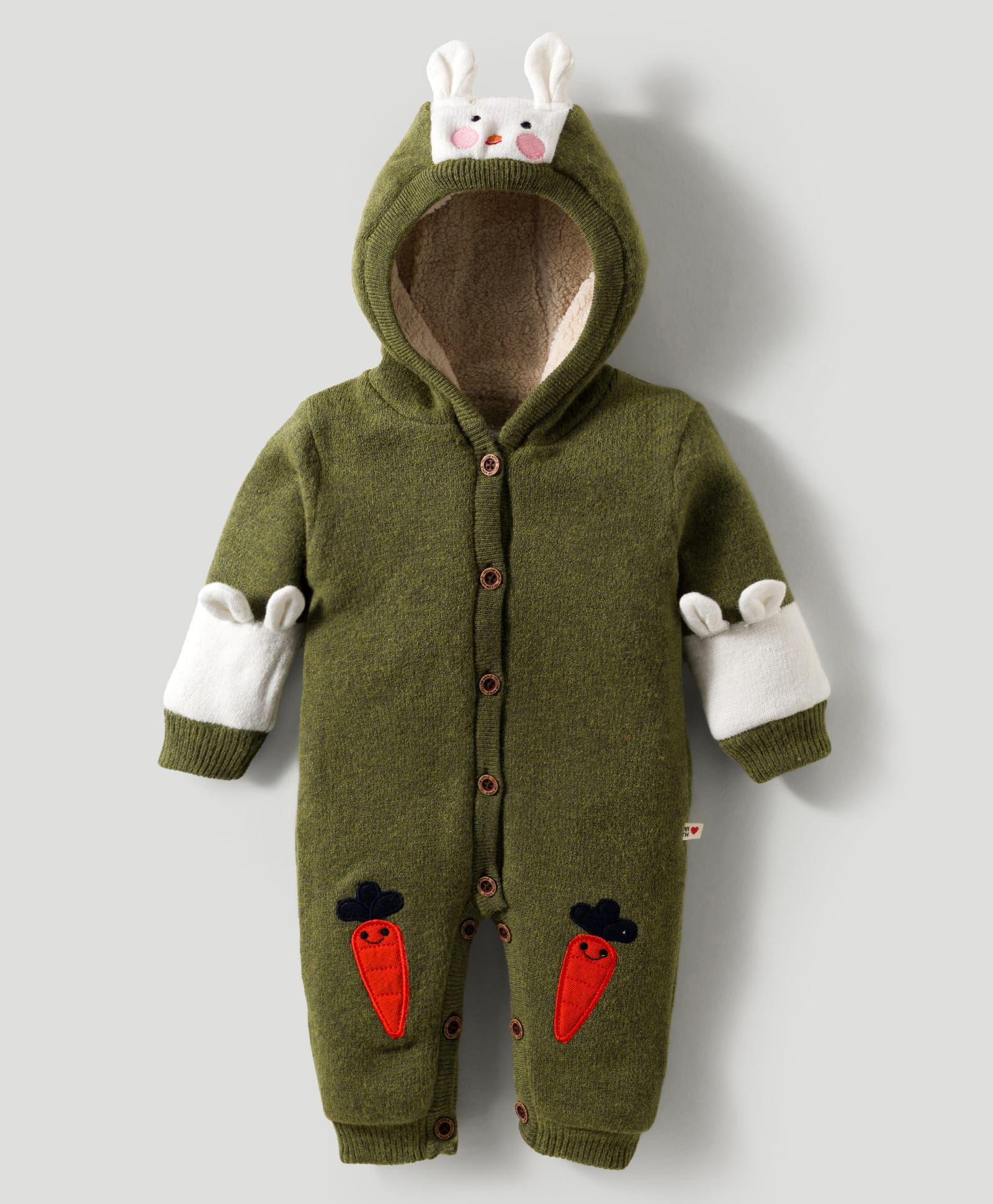 Yellow Apple Knit Full Sleeves Hooded Winter Wear Romper with Carrot Embroidered & Bunny Applique - Dark Green-picture-10