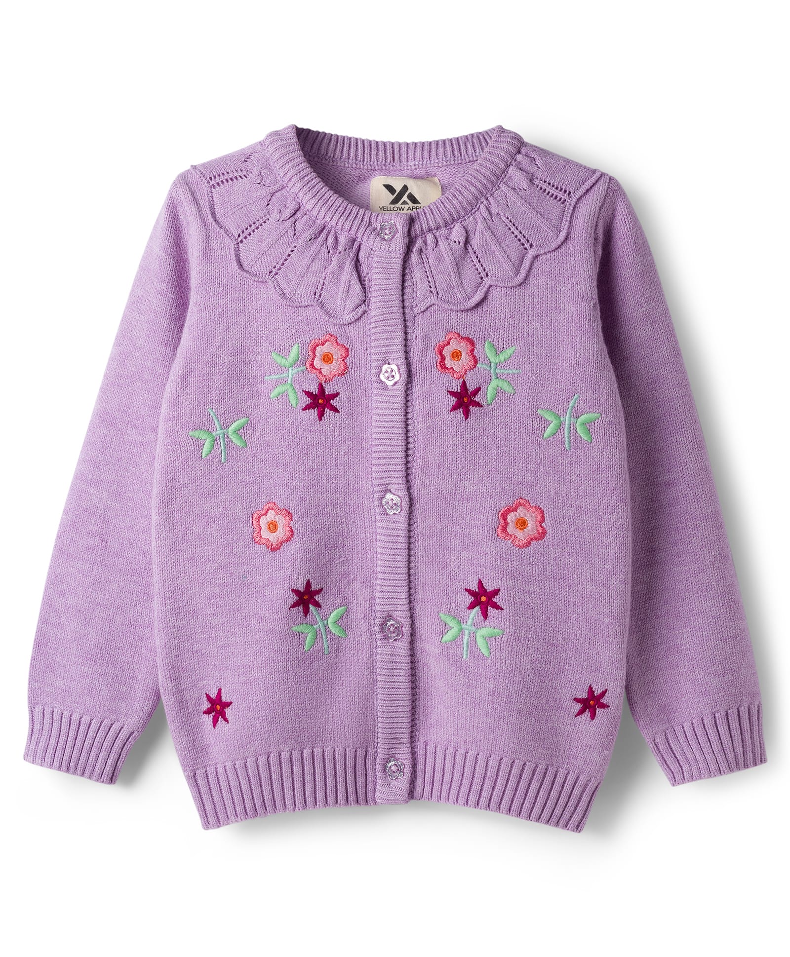 Yellow Apple Knitted Full Sleeves Front Open Sweater with Floral Embroidery - Lilac-picture-17