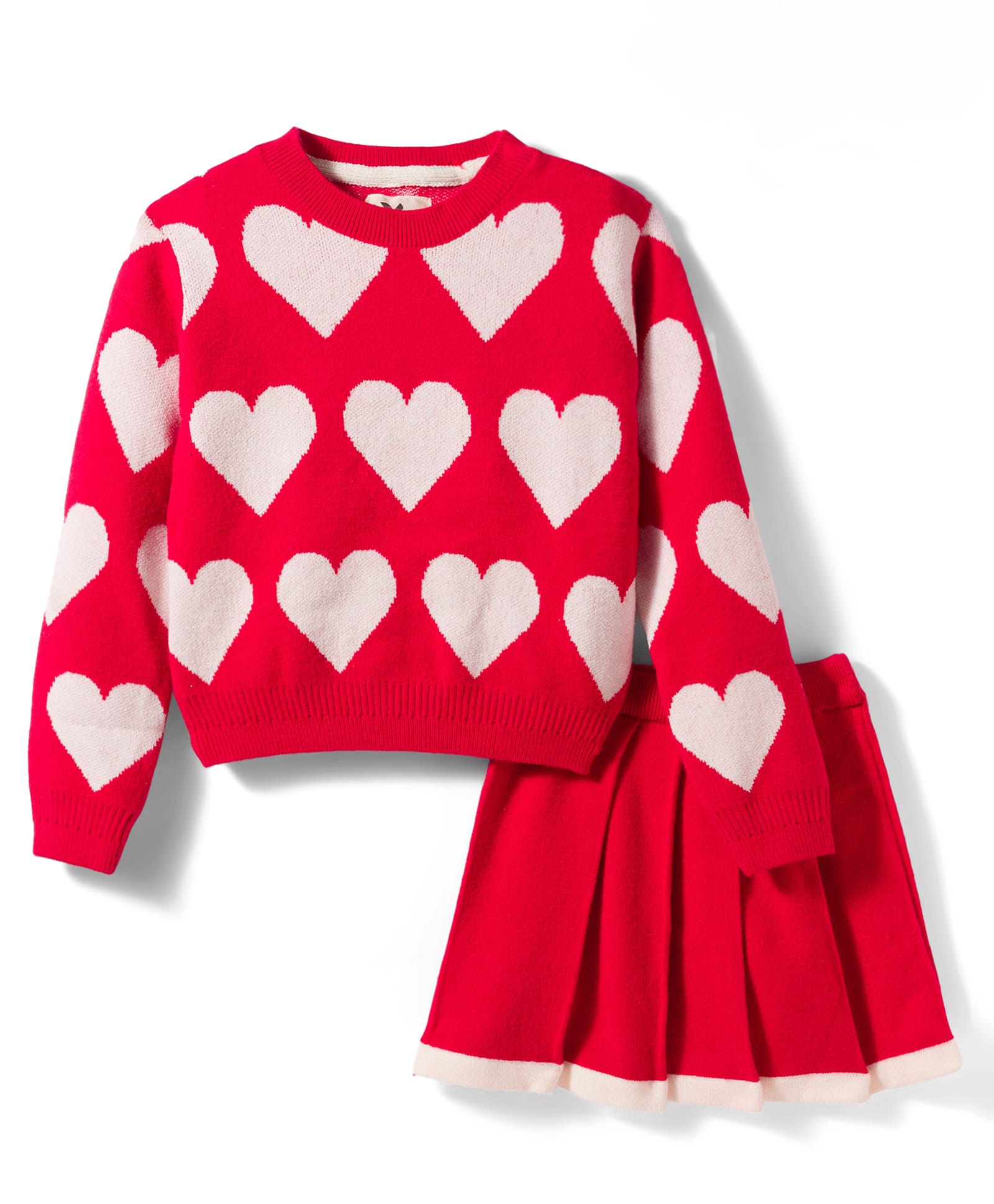 Yellow Apple Knit Full Sleeves Winter Wear Set with Heart Print - Red