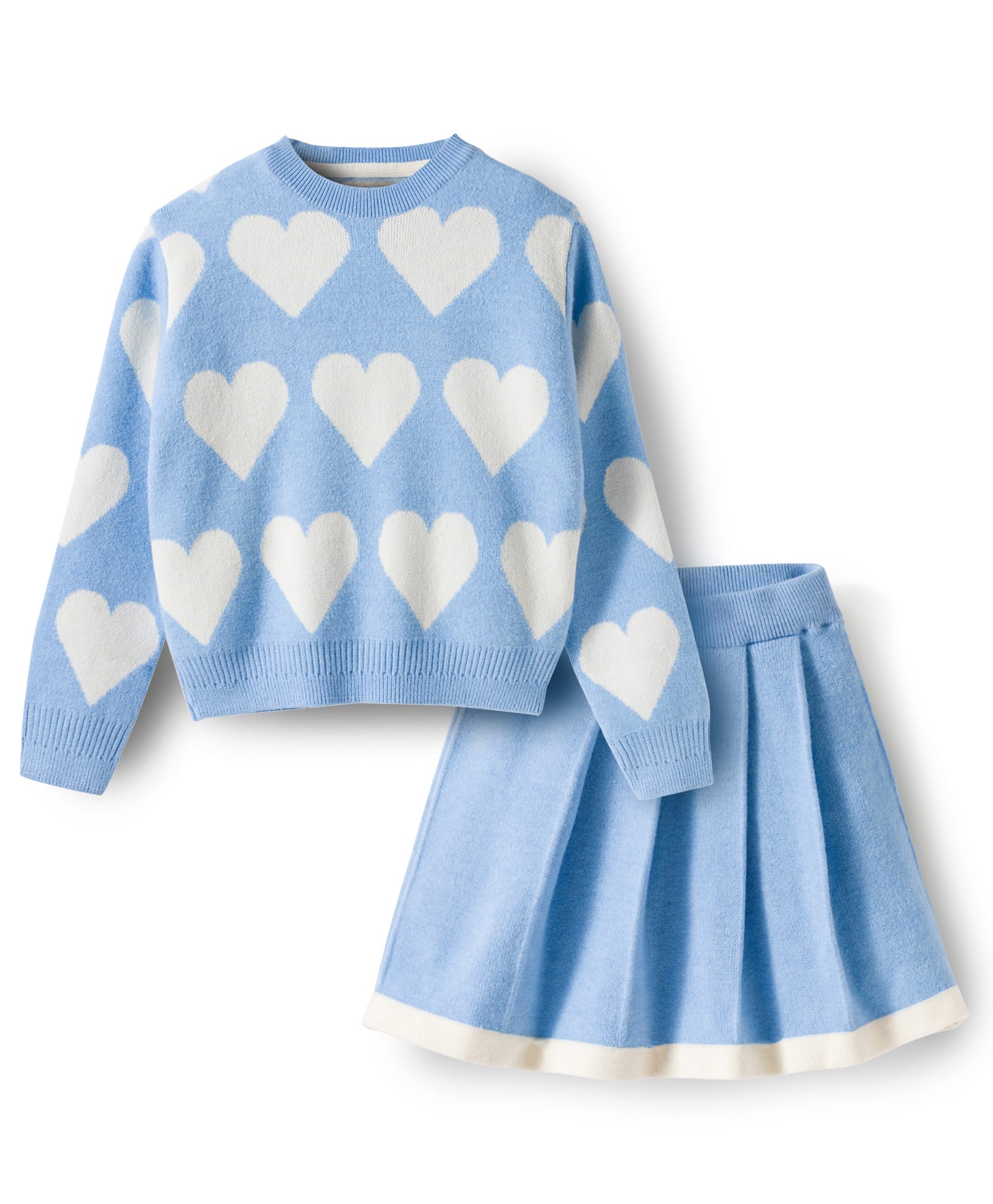 Yellow Apple Knit Full Sleeves Winter Wear Top & Skirt Set with Heart Print - Light Blue-image-46