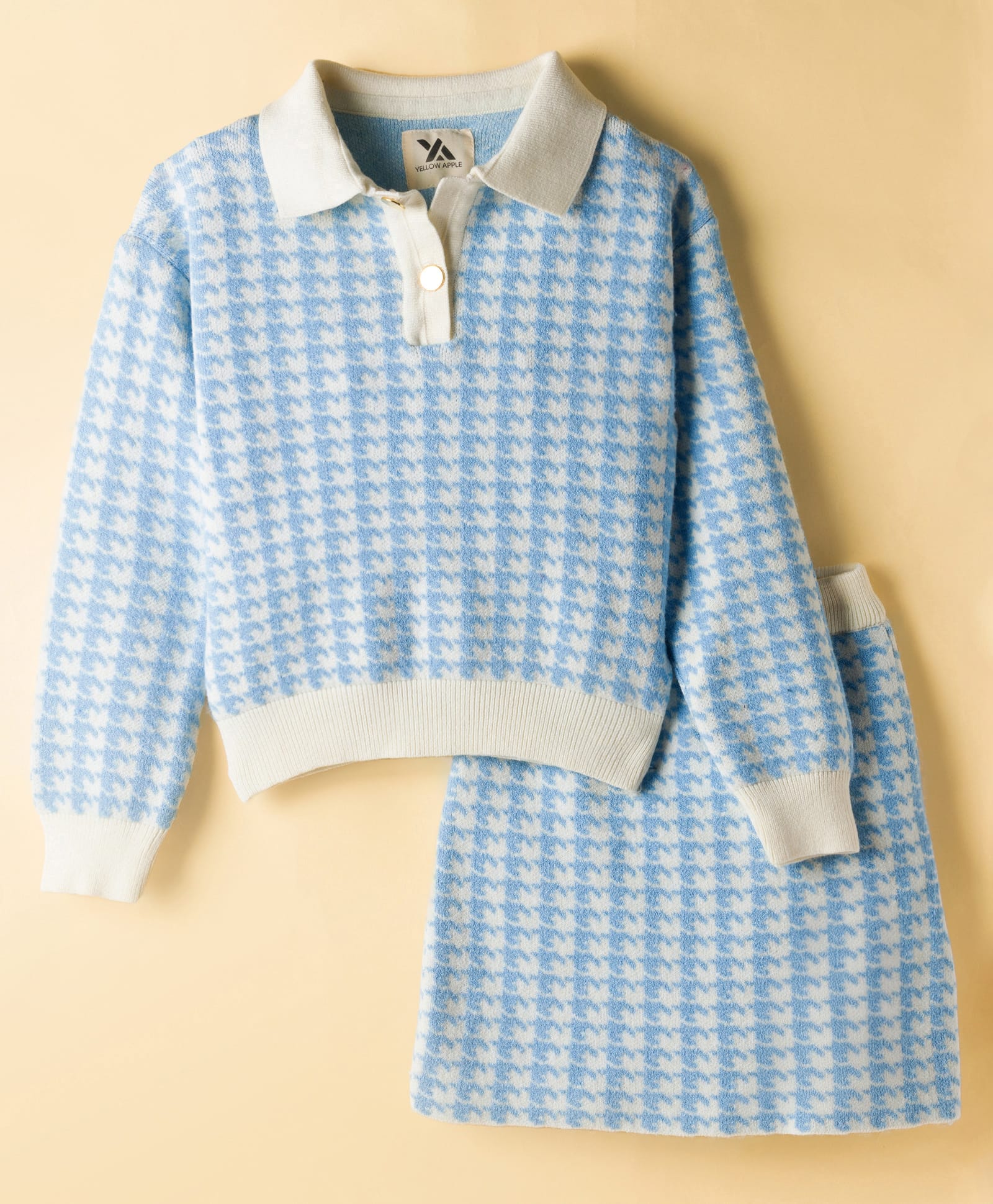 Yellow Apple Knit Full Sleeves Full Sleeves Co-ords Winter Wear Set with Houndstooth Design - Light Blue-picture-19