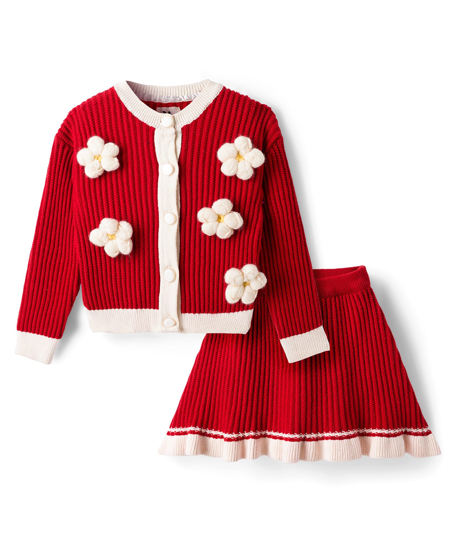 Yellow Apple Knit Full Sleeves Front Open Winter Wear Top & Skirt Set with Floral Applique - Rust-picture-11