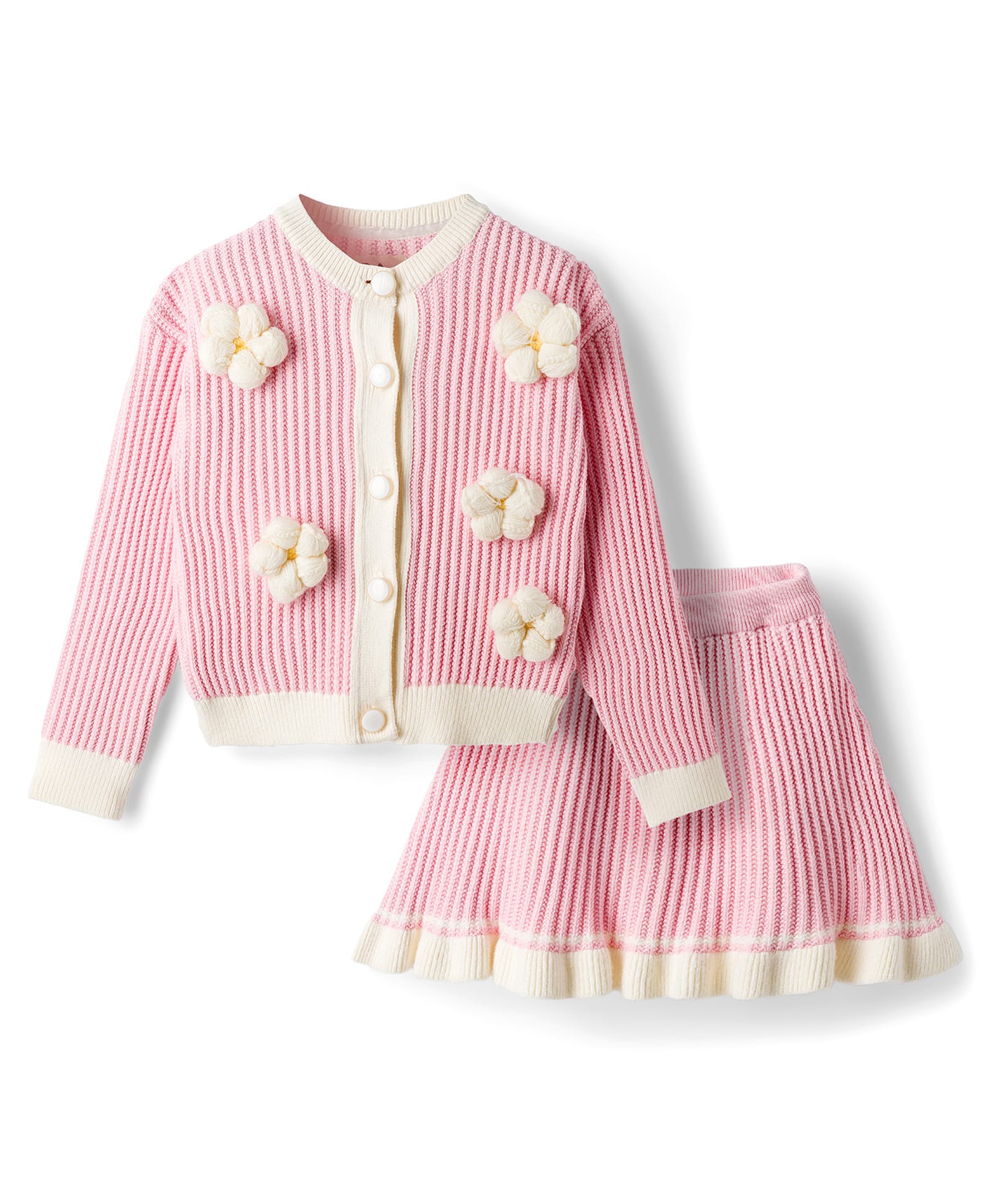 Yellow Apple Knit Full Sleeves Front Open Winter Wear Top & Skirt Set with Floral Applique - Pink-picture-28