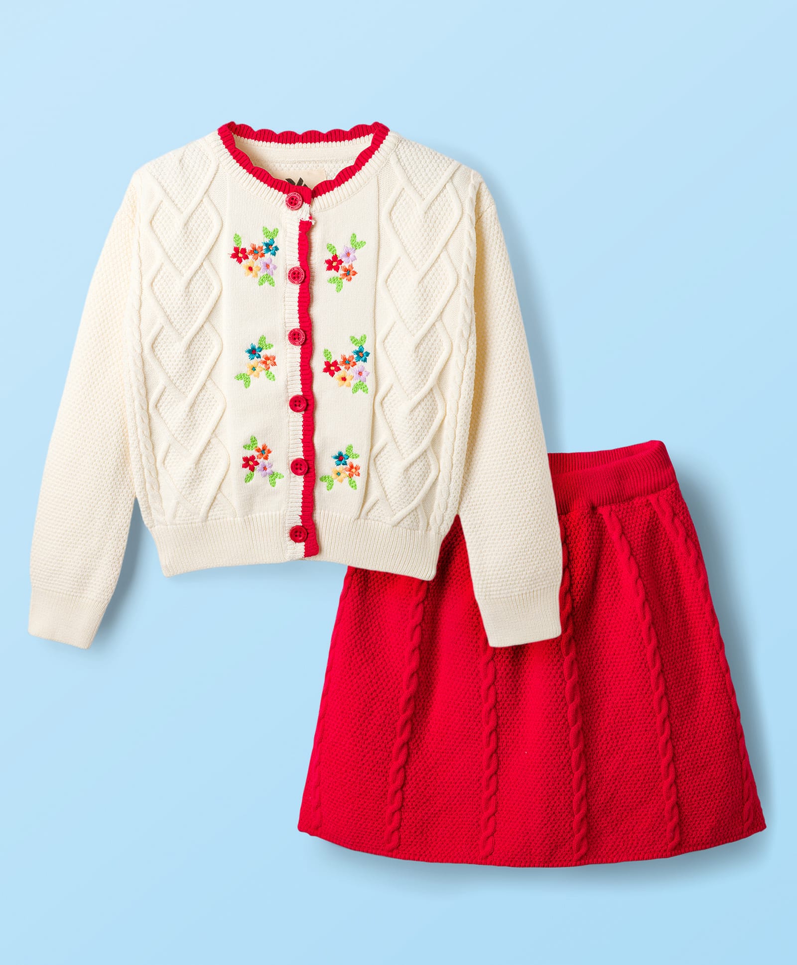 Yellow Apple Knit Full Sleeves Winter Wear Top & Skirt Set with Cable Knit Design & Floral Embroidery - White & Red-picture-22