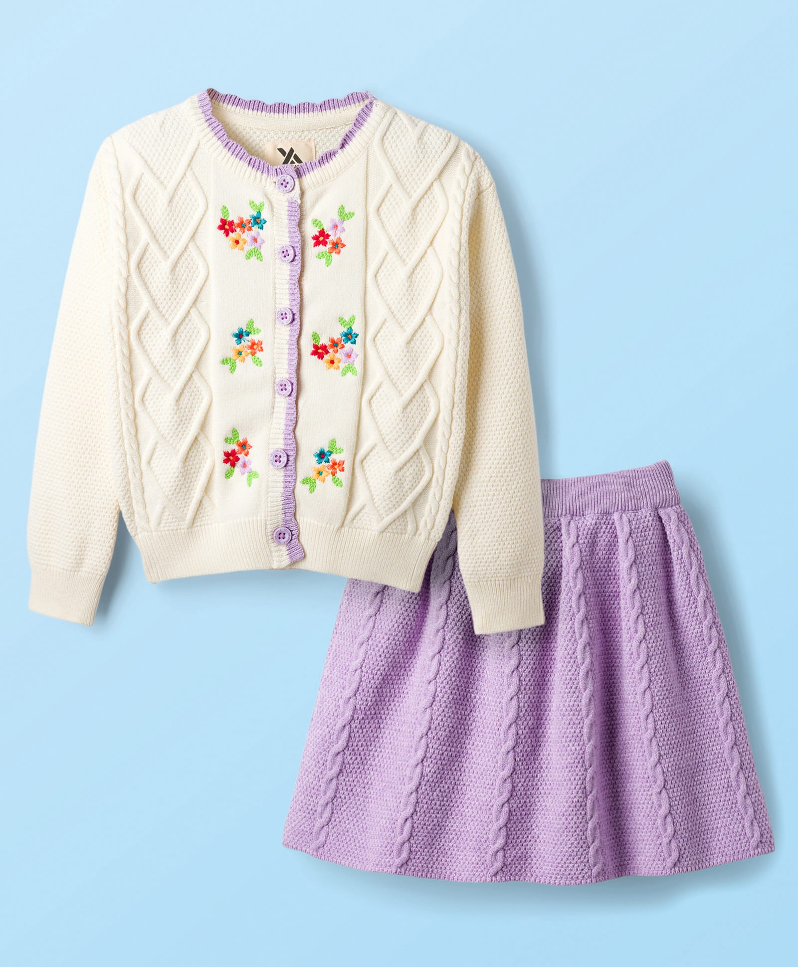Yellow Apple Knit Full Sleeves Winter Wear Top & Skirt Set with Cable Knit Design & Floral Embroidery - White & Lavender-image-28