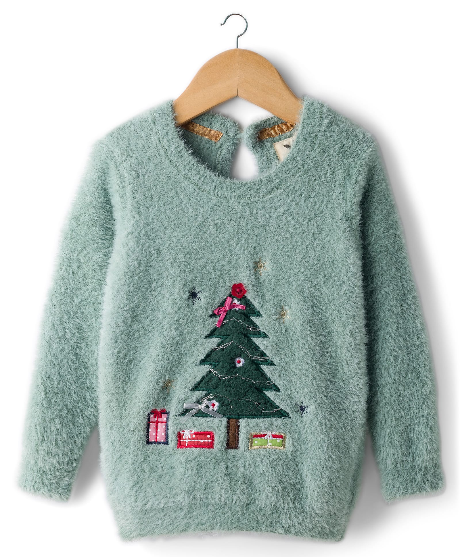 Yellow Apple Knitted Full Sleeves Pullover Sweater with Christmas Tree Design - Mint-picture-24