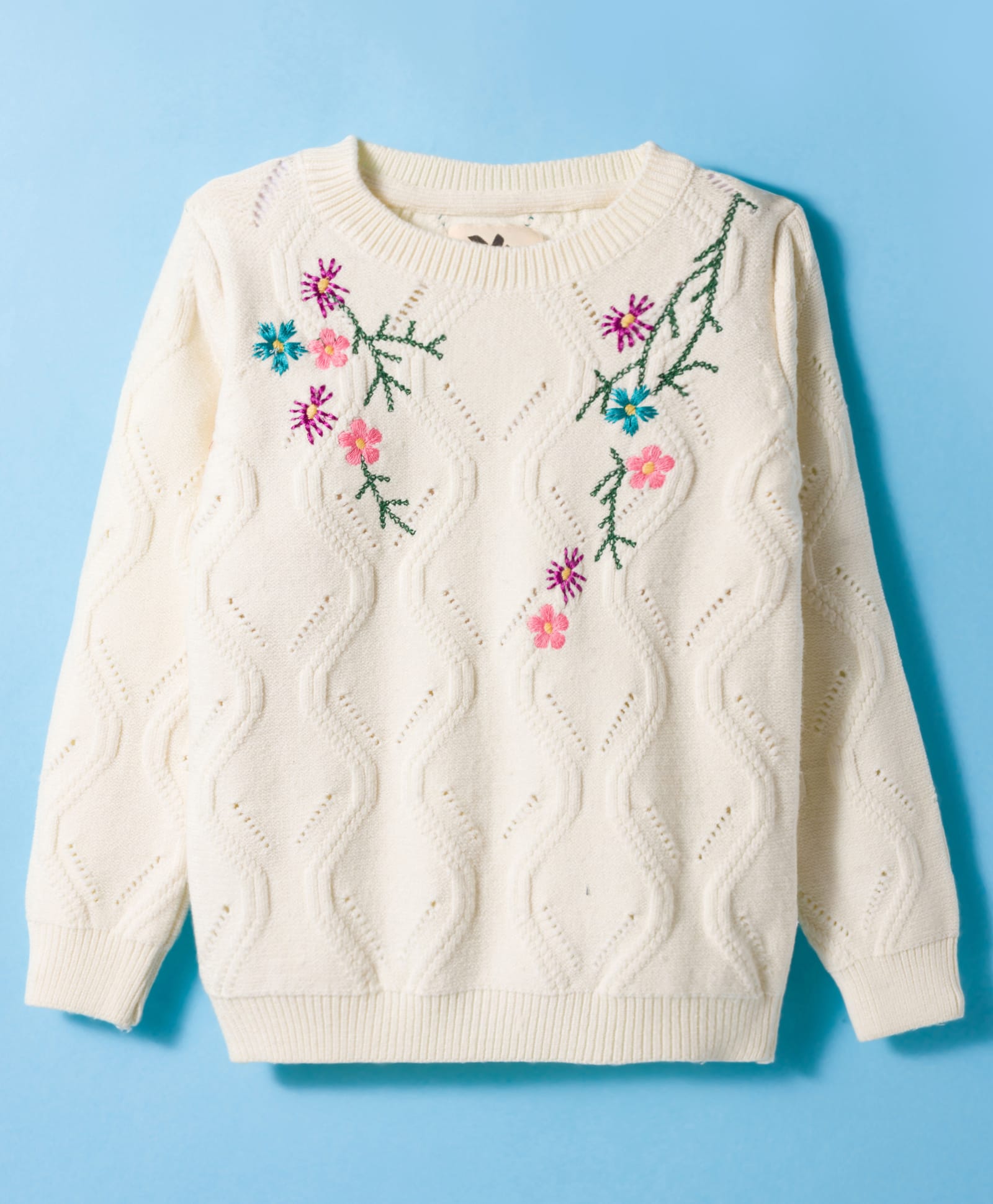 Yellow Apple Knit Full Sleeves Pullover Sweater with Floral Embroidery & Cable Knit Design - White-picture-19