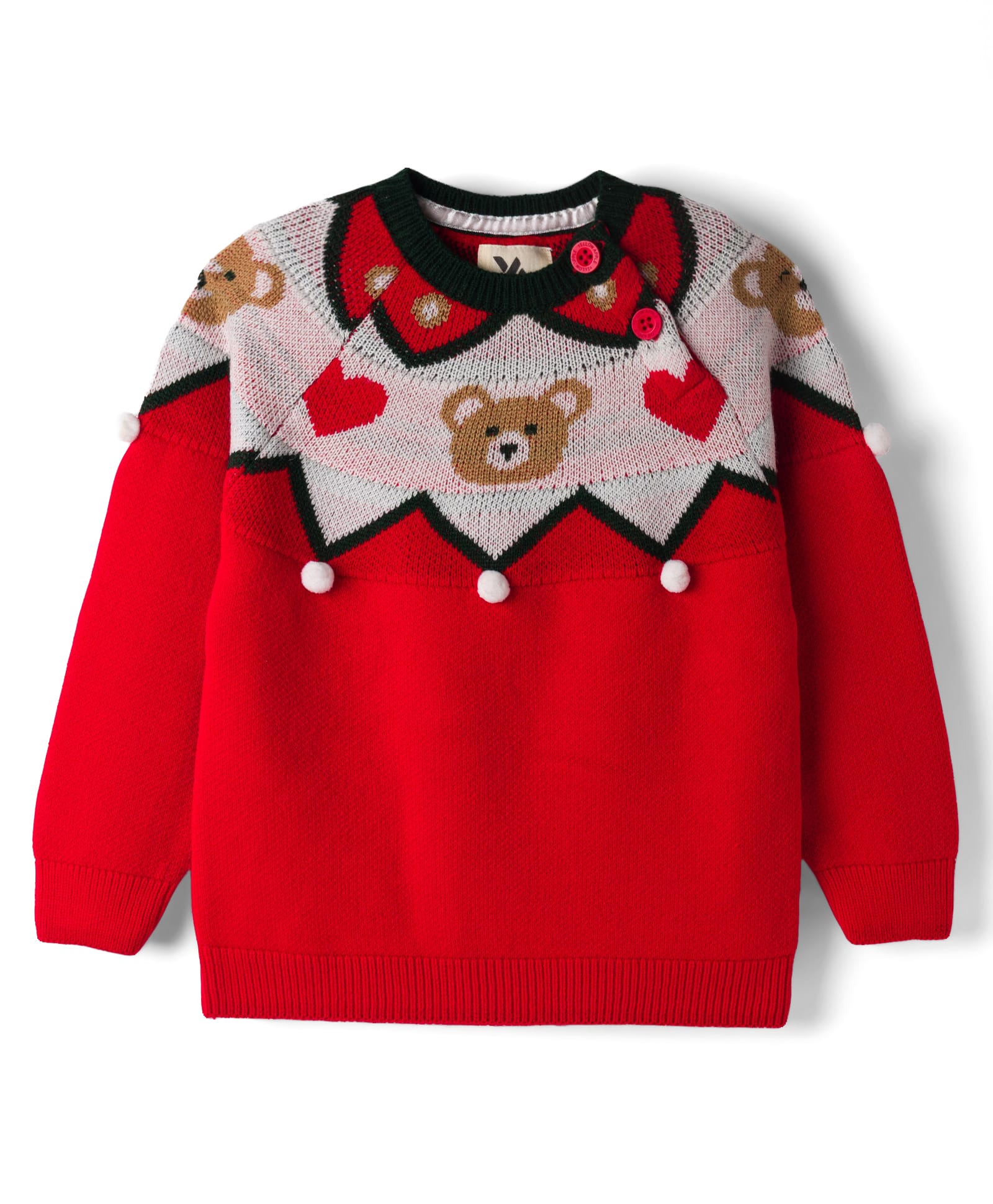 Yellow Apple Knitted Full Sleeves Pullover Sweater with Bear Design - Red