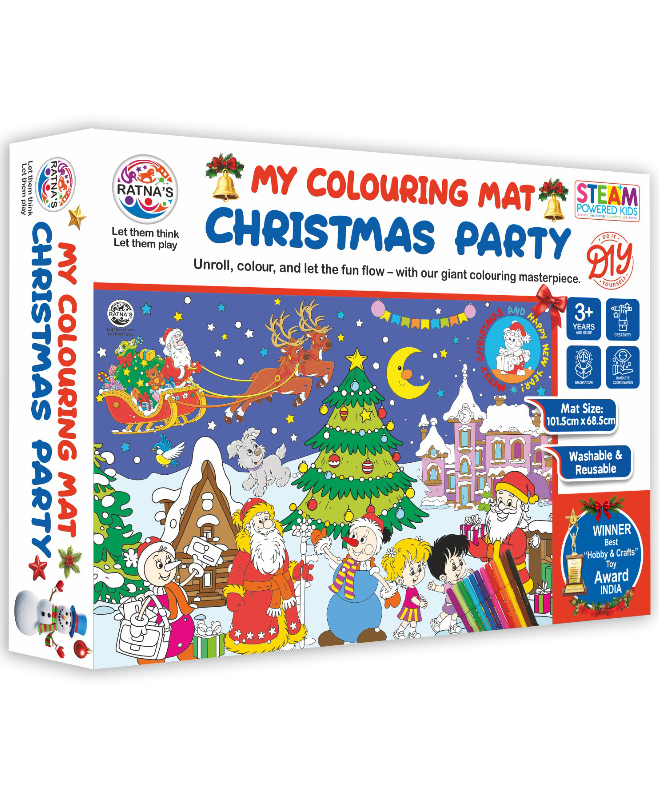 ratnas RATNA'S My Coloring Mat Christmas Party Colouring Set with 12 Sketch Pens, Washable and Reusable STEAM Learning Activity Mat Art & Craft Kit - White-picture-18