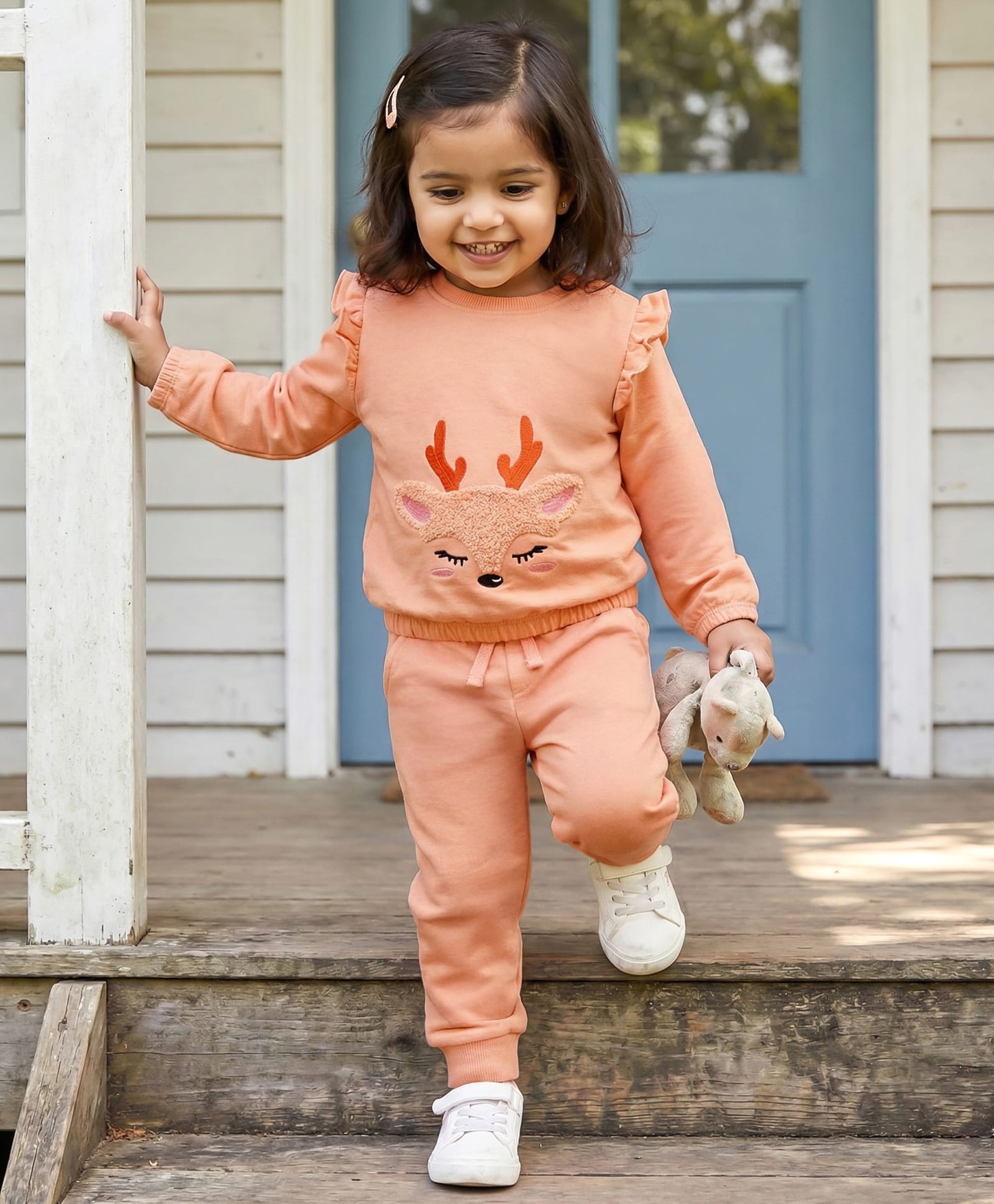 Babyhug Terry Knit Full Sleeves Deer Embroidered Top with Frill Detailing & Trouser - Peach-image-11