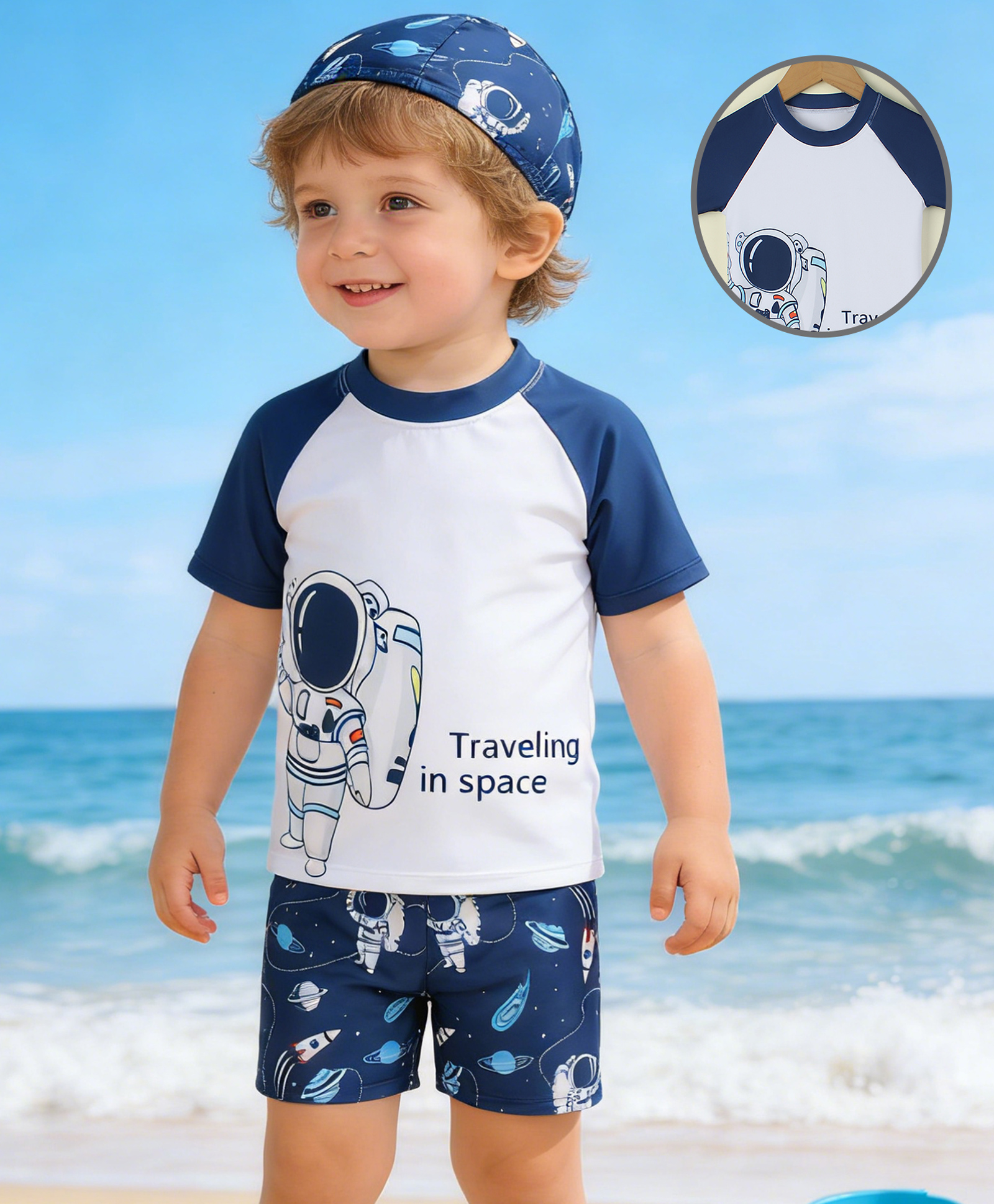 Mark & Mia Half Raglan Sleeves Space Theme Printed Two Piece Swimsuit With Cap - Navy Blue-image-9