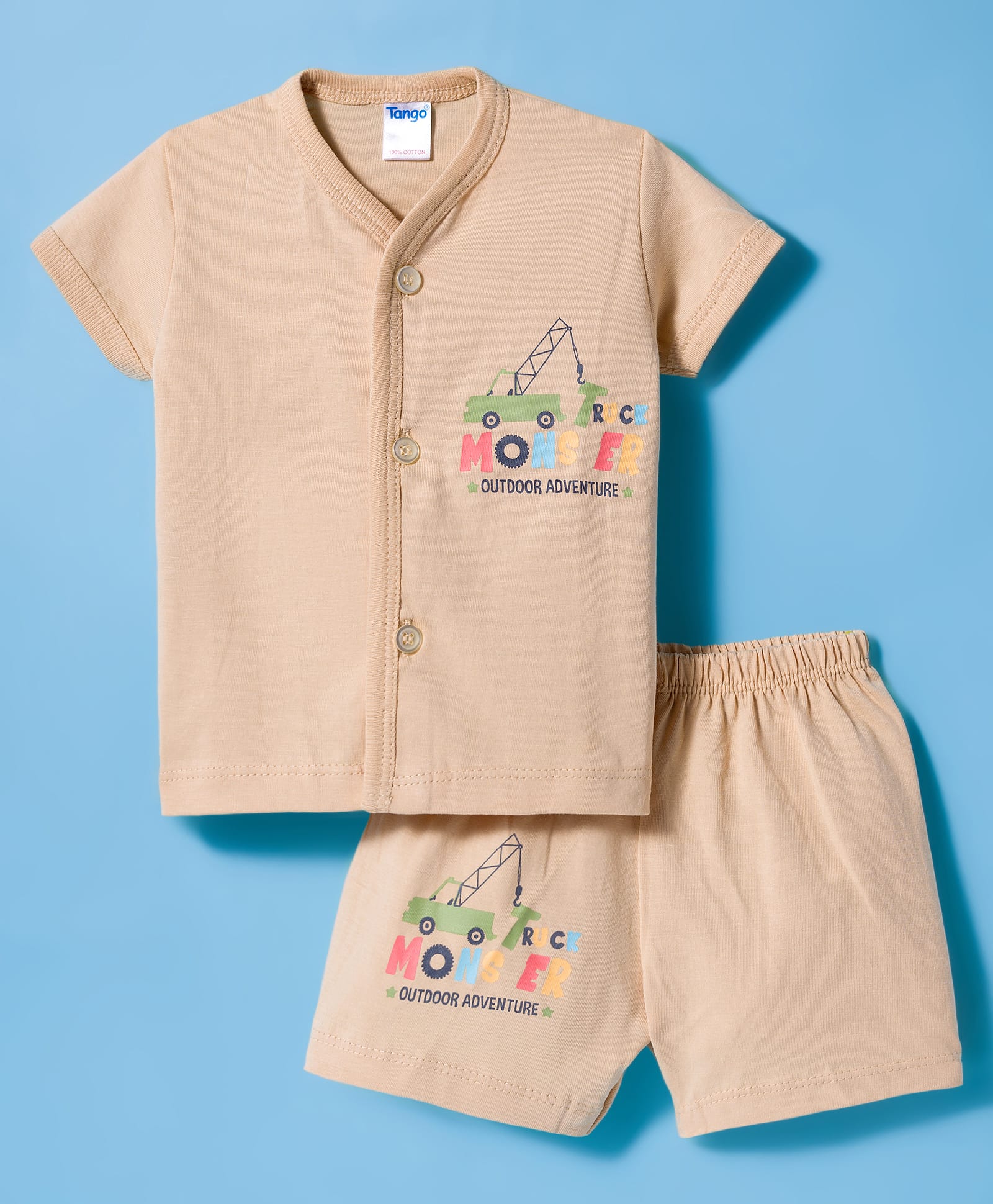 Tango Single Jersey Knit Half Sleeves Shorts Night Suit With Vehicle Print - Beige-image-12