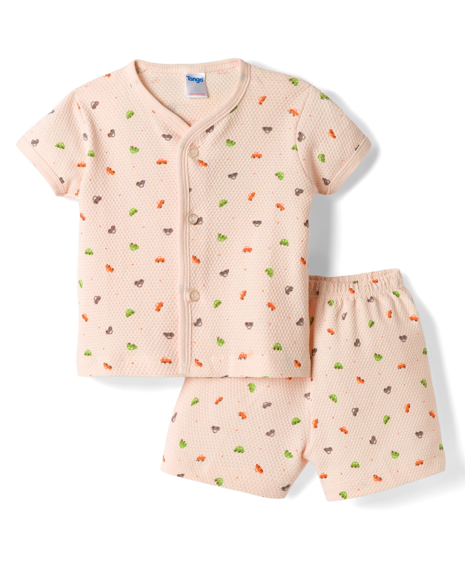 Tango Popcorn Knit Half Sleeves Co-ords Night Suit With Vehicle Print - Peach-picture-3