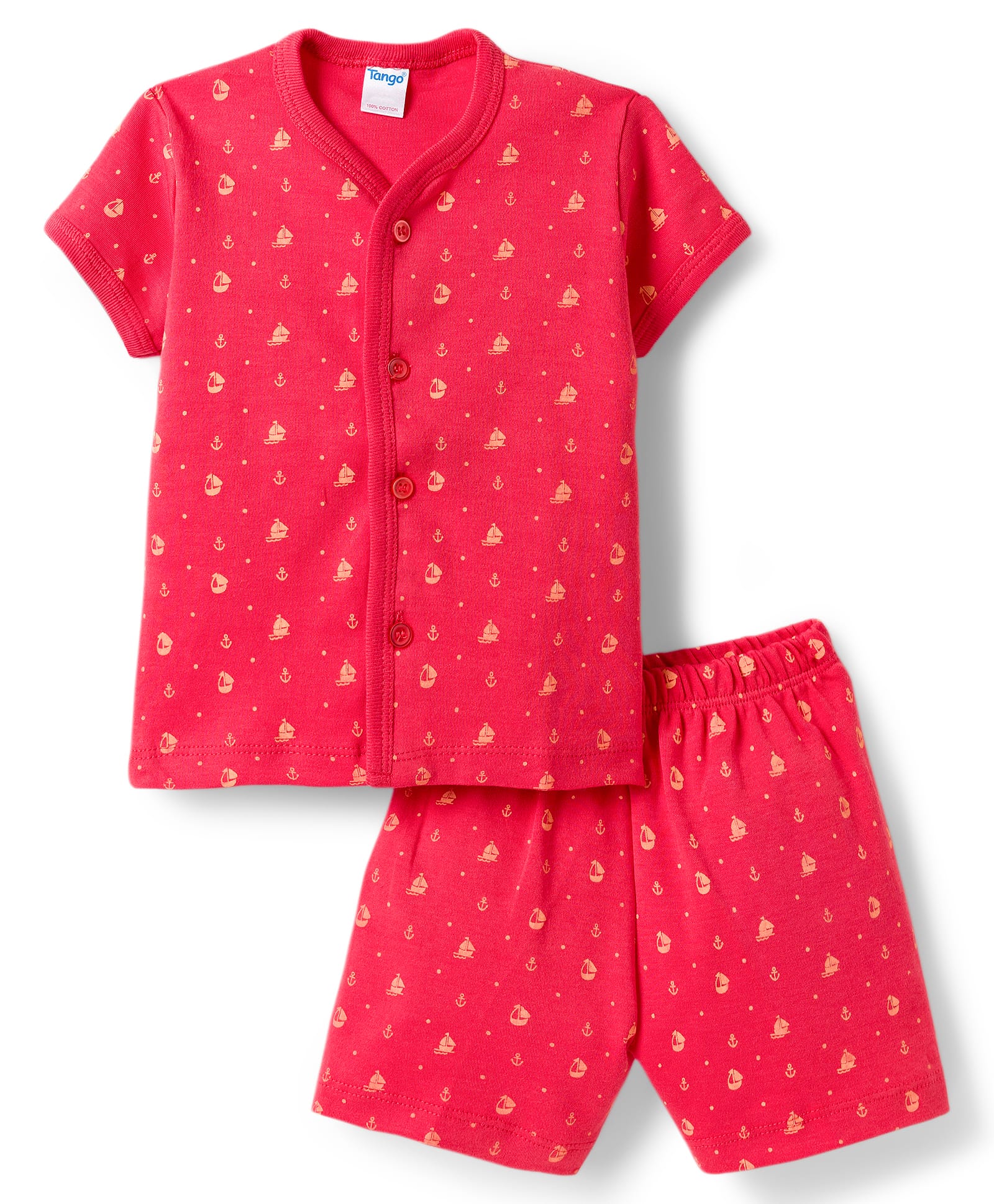 Tango Interlock Knit Half Sleeves Co-ords Shorts Night Suit With Nautical Theme Print - Red-picture-34
