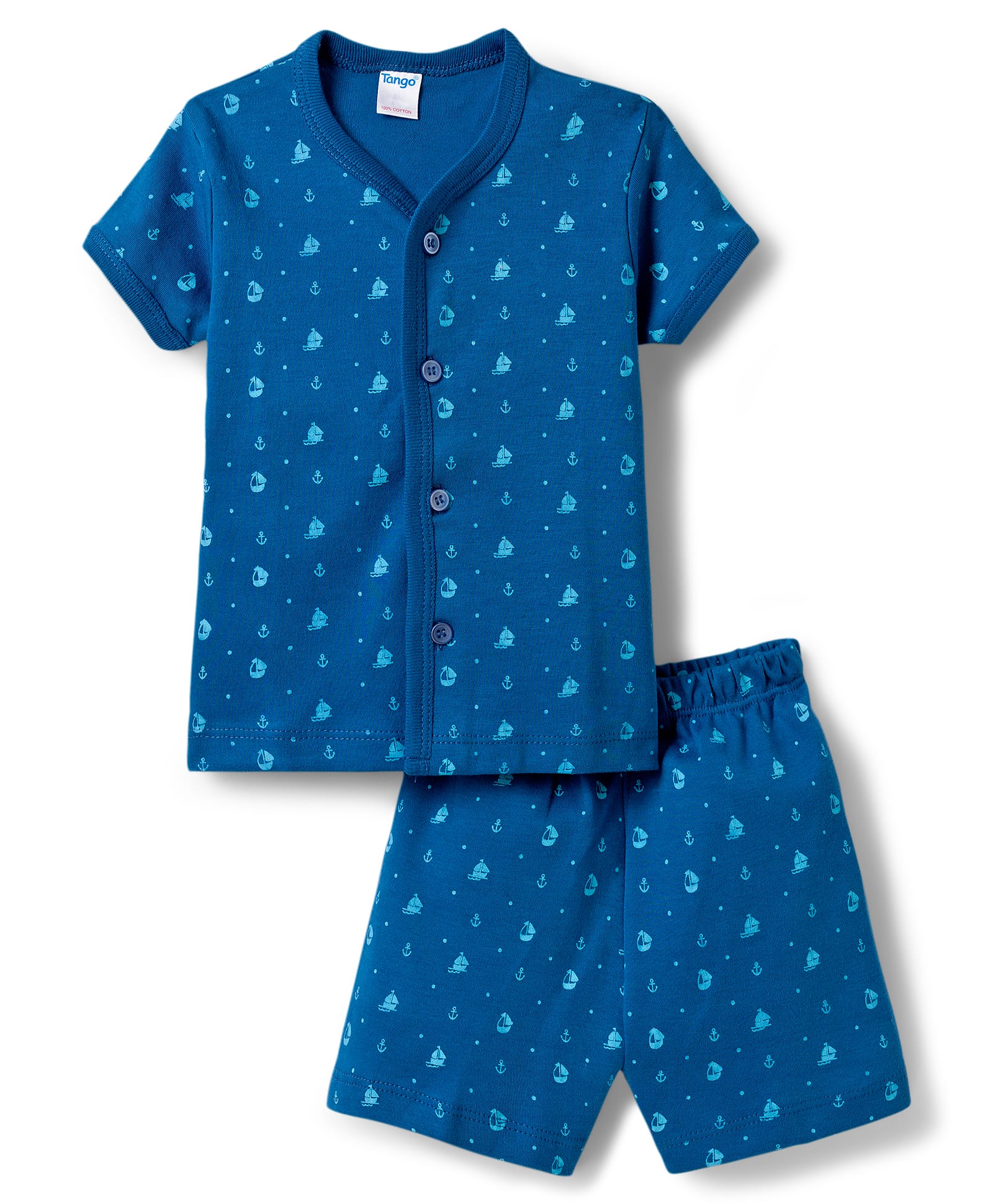 Tango Interlock Knit Half Sleeves Co-ords Shorts Night Suit With Nautical Theme Print - Navy Blue-picture-1