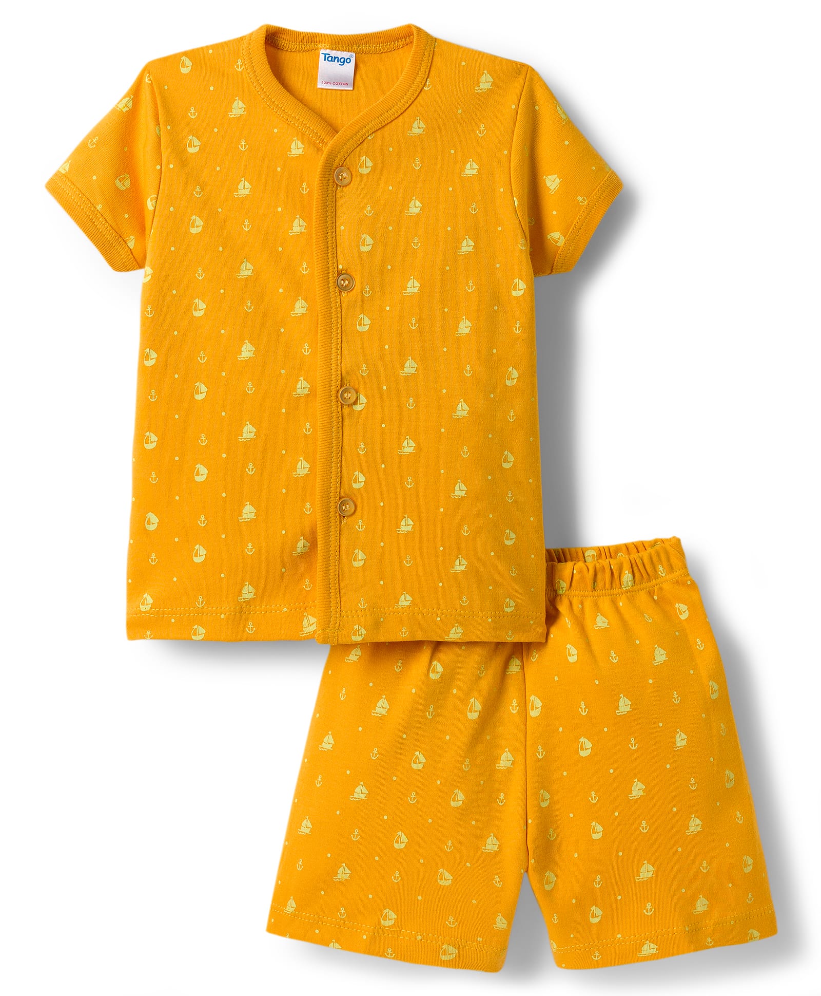 Tango Interlock Knit Half Sleeves Co-ords Shorts Night Suit With Nautical Theme Print - Yellow-image-42
