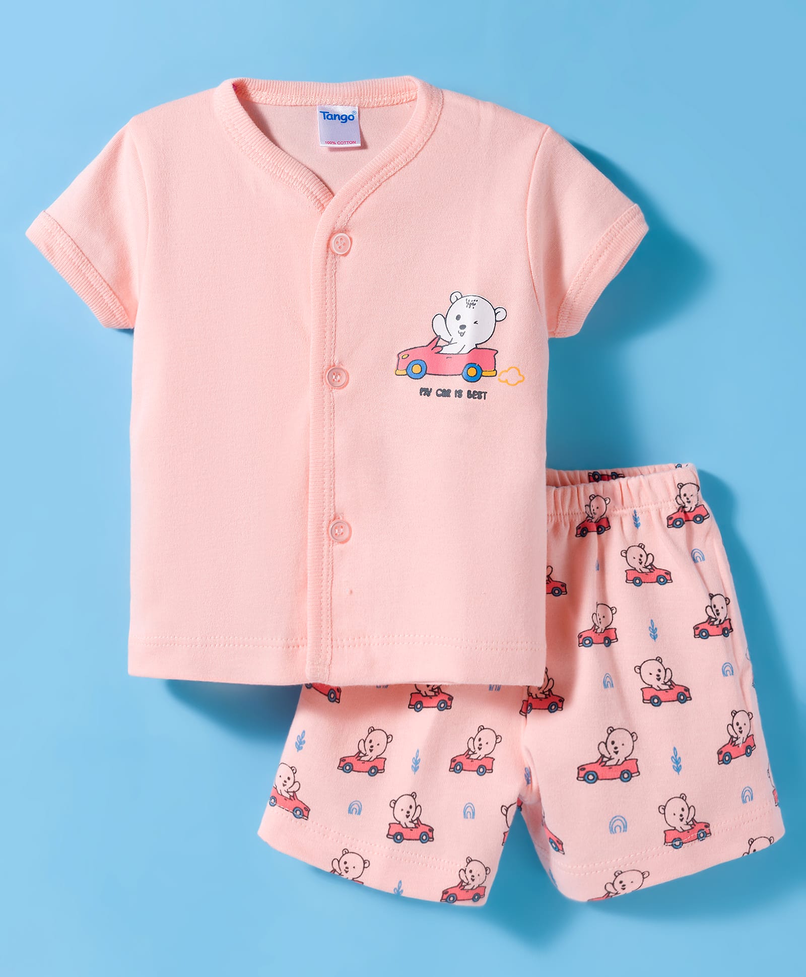 Tango Interlock Knit Half Sleeves Shorts Night Suit With Vehicle Print - Peach-image-37