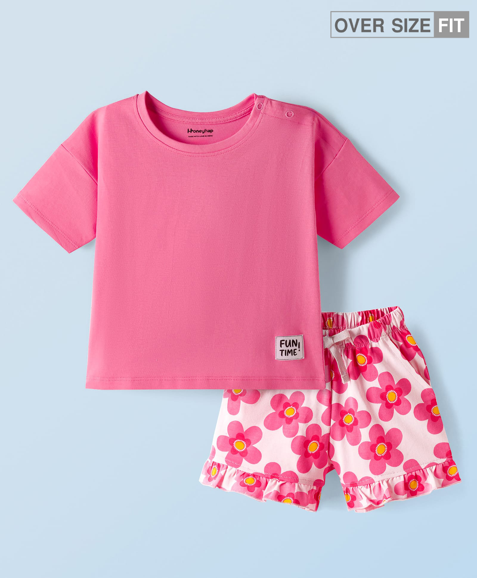 Honeyhap Premium Cotton 100% Cotton Knit Oversized T-Shirt & Shorts Night Suit with Bio Finish & Floral Print - Spun Sugar-image-24