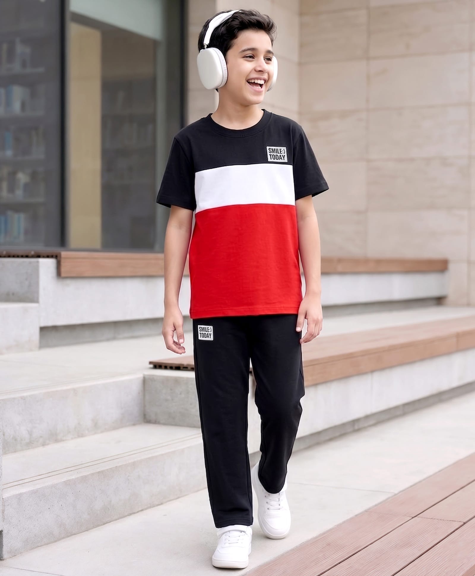 Pine Kids Cotton Knit Half Sleeves Cut & Sew T-Shirt & Lounge Pant Set with Patch Detailing - Red & Black-image-34