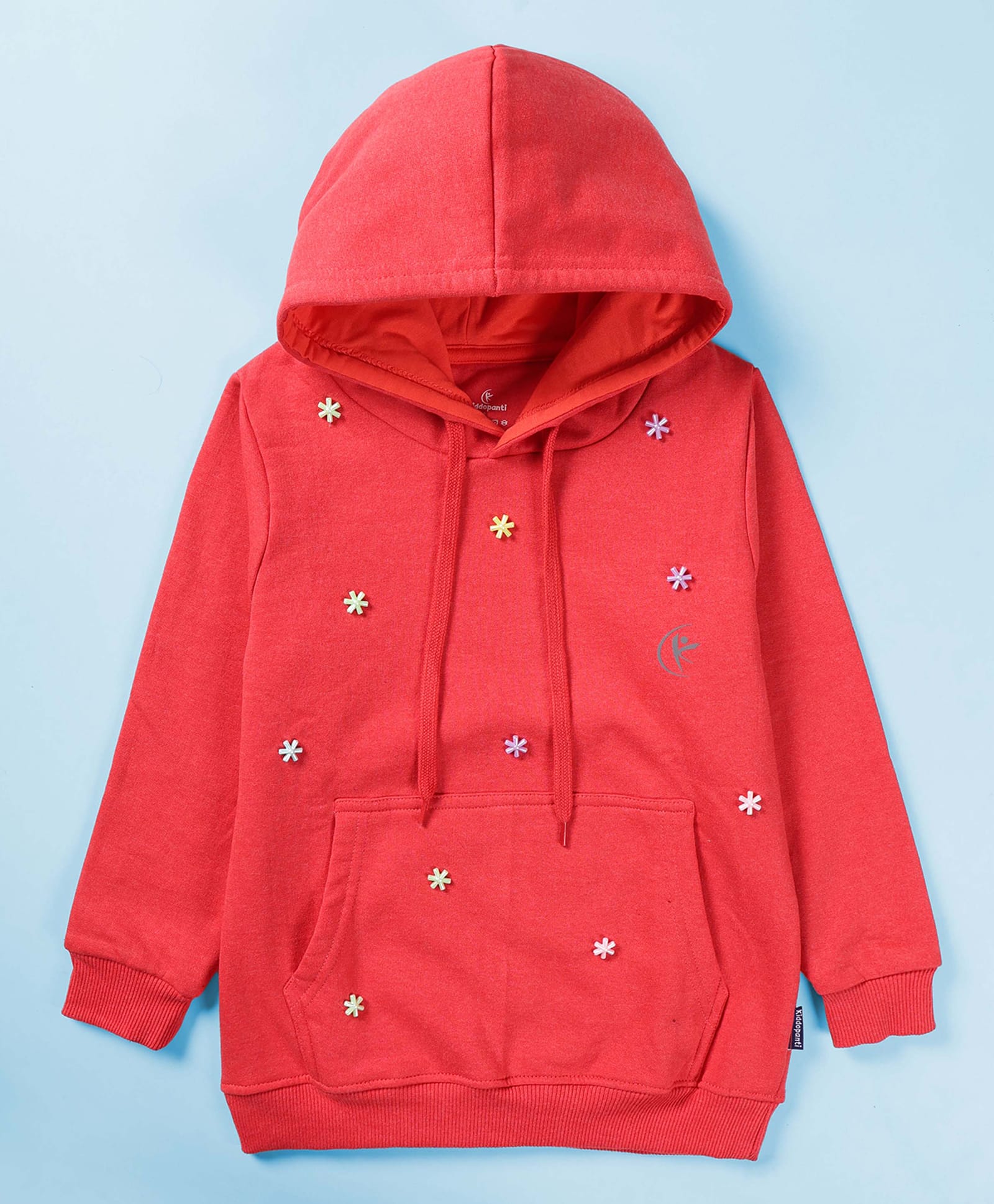 Kiddopanti Fleece Knit Full Sleeves Floral Beads Embellished Light Winter Hooded Sweatshirt - Coral-picture-10