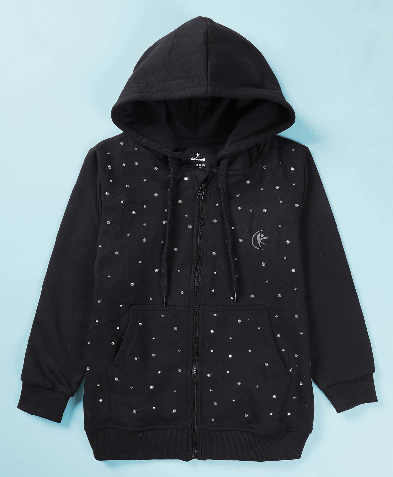 Kiddopanti Fleece Knit Full Sleeves Rhinestones Embellished Light Winter Hooded Sweatshirt - Black-image-39