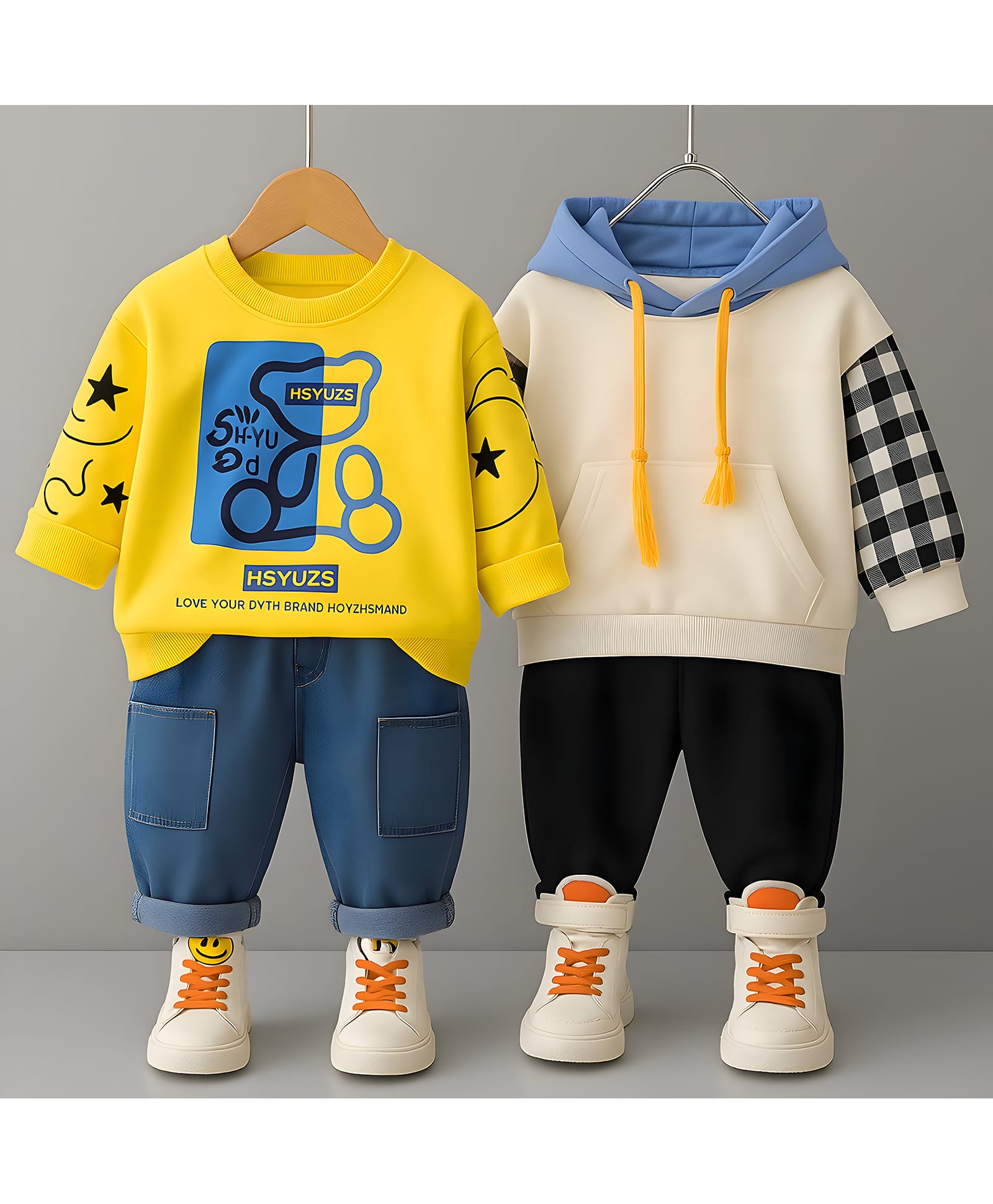 Googo Gaaga Cotton Loop Knit Pack Of 2 Full Sleeves Teddy Printed & Checked Sweatshirts With Pants Set - Yellow & Cream