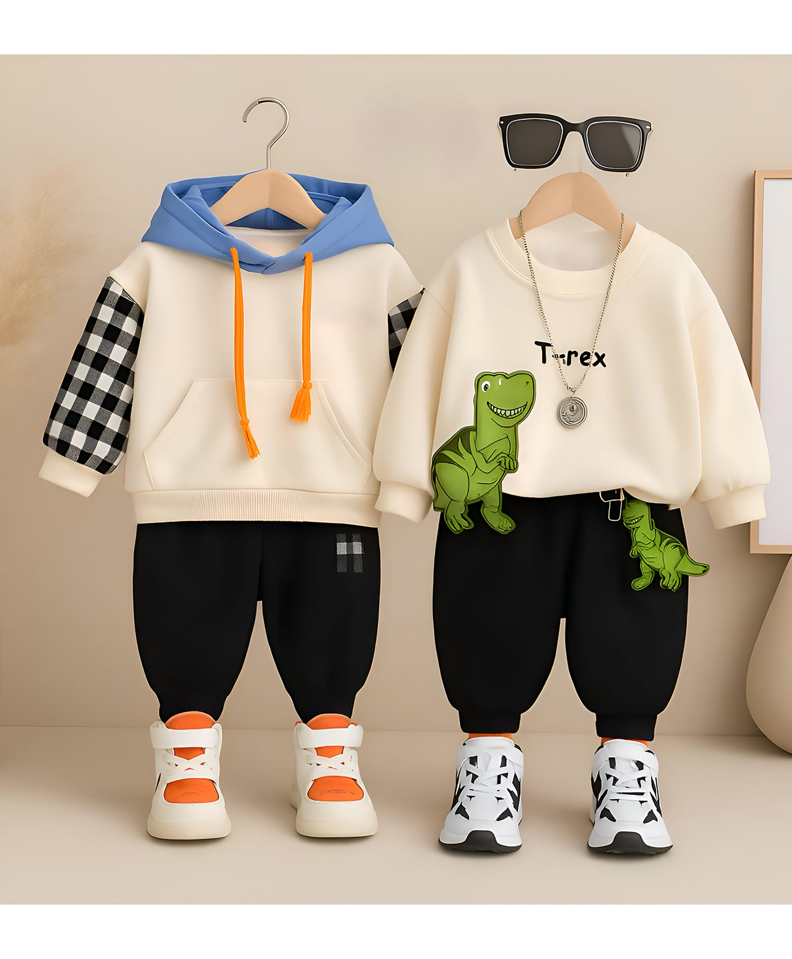 Googo Gaaga Cotton Loop Knit Pack Of 2 Full Sleeves Checked & T Rex Text Dinosaur Patch Detailed Sweatshirts With Joggers Set - Cream-image-42