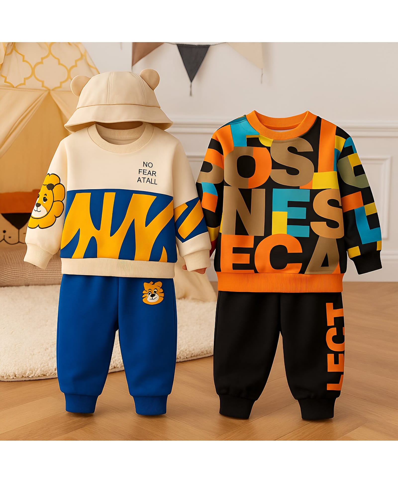 Googo Gaaga Cotton Loop Knit Pack Of 2 Full Sleeves Lion & Typography Printed Sweatshirts With Joggers Set - Cream & Orange-image-40