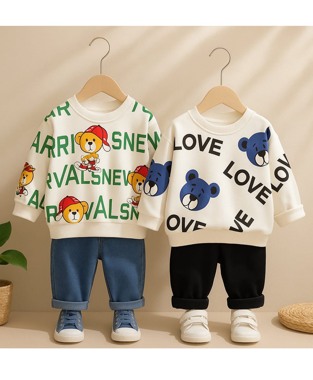 Googo Gaaga Cotton Loop Knit Pack Of 2 Full Sleeves Teddy & Typography Printed Sweatshirts With Pants Set - White & Cream-picture-18