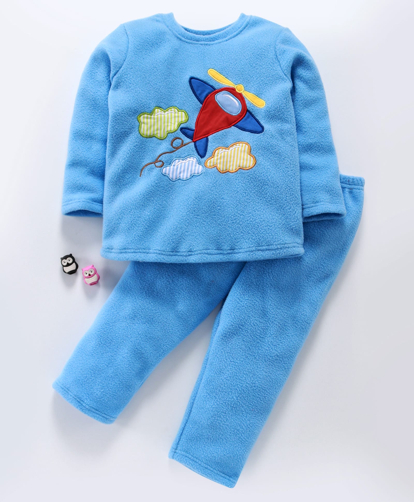 Hugsntugs Fleece Knit Full Sleeves Aeroplane Patch Detailed Winter Tee & Pants Set - Blue-picture-14