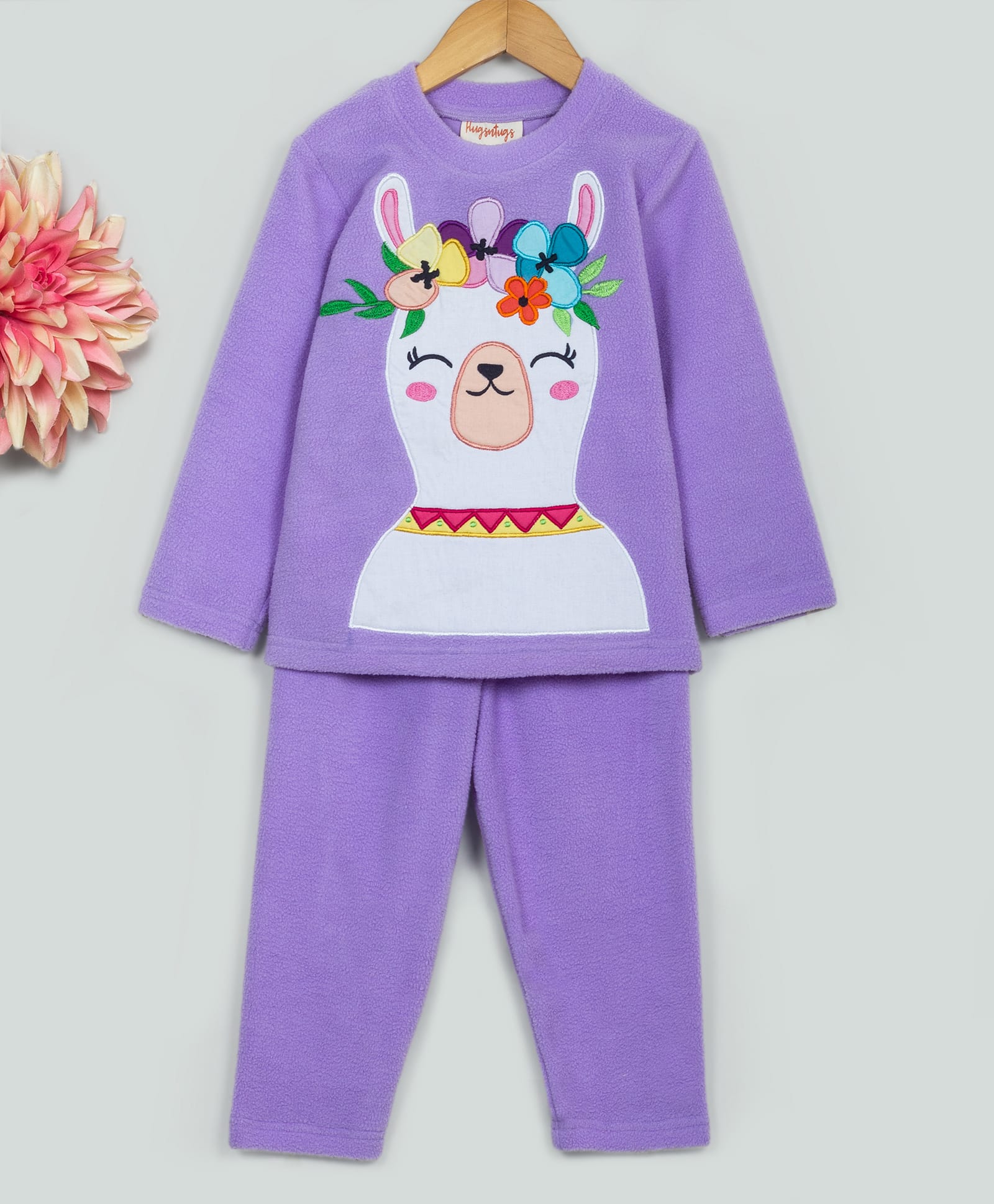 Hugsntugs Fleece Knit Full Sleeves Llama Patch Detailed Winter Tee & Pants Set - Purple-picture-27