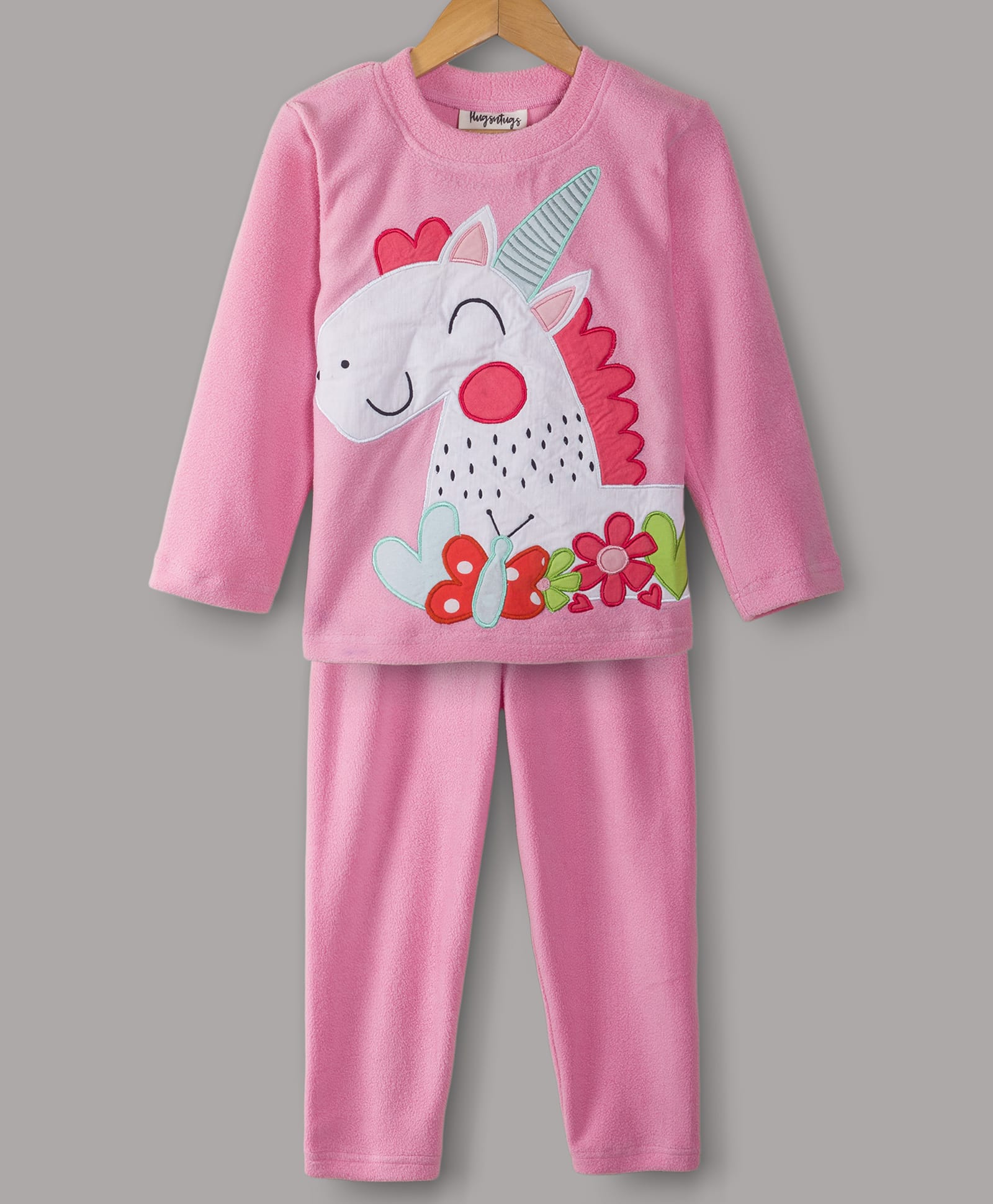 Hugsntugs Fleece Knit Full Sleeves Unicorn Patch Detailed Winter Tee & Pants Set - Soft Pink-picture-15