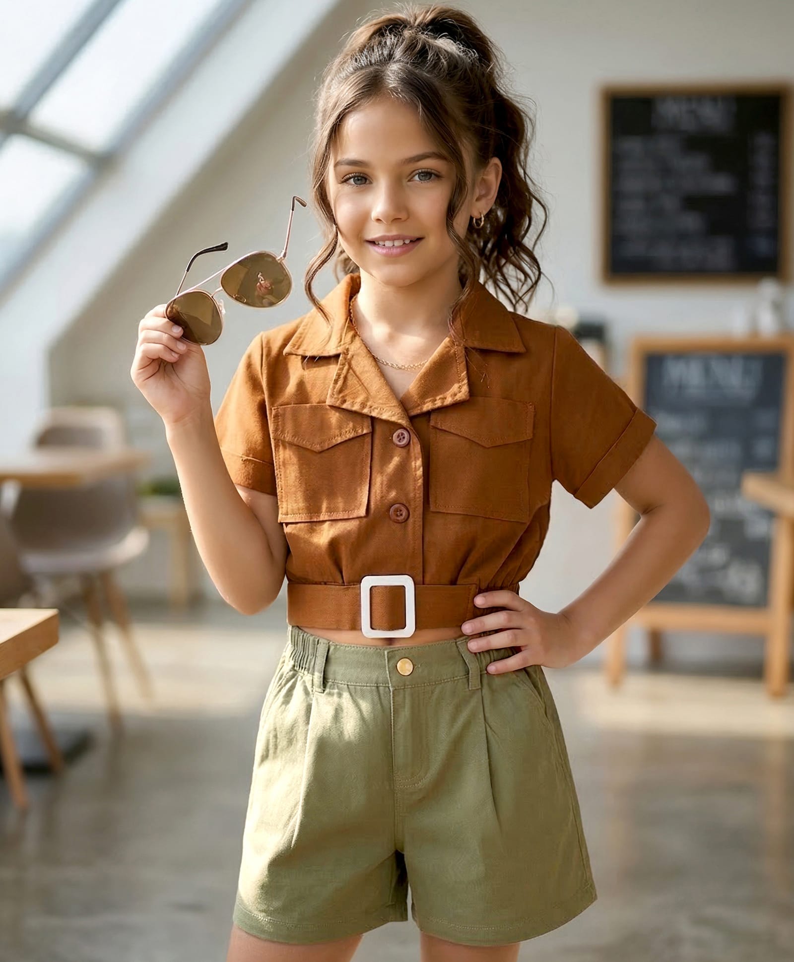 OLLINGTON ST. Cotton Woven Twill Half Sleeves Top & Twill Shorts Set - Brown & Olive-image-21