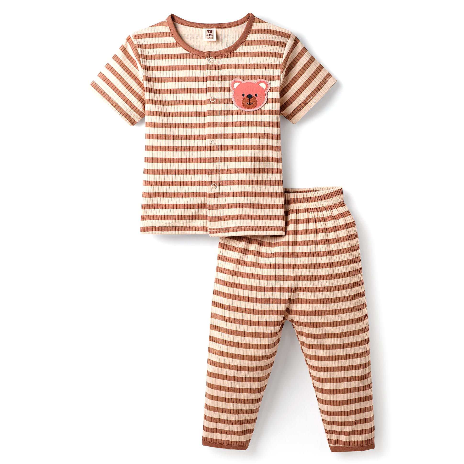 ToffyHouse Knitted Half Sleeves Front Open Night Suit With Stripes & Animal Patch - Brown-picture-37