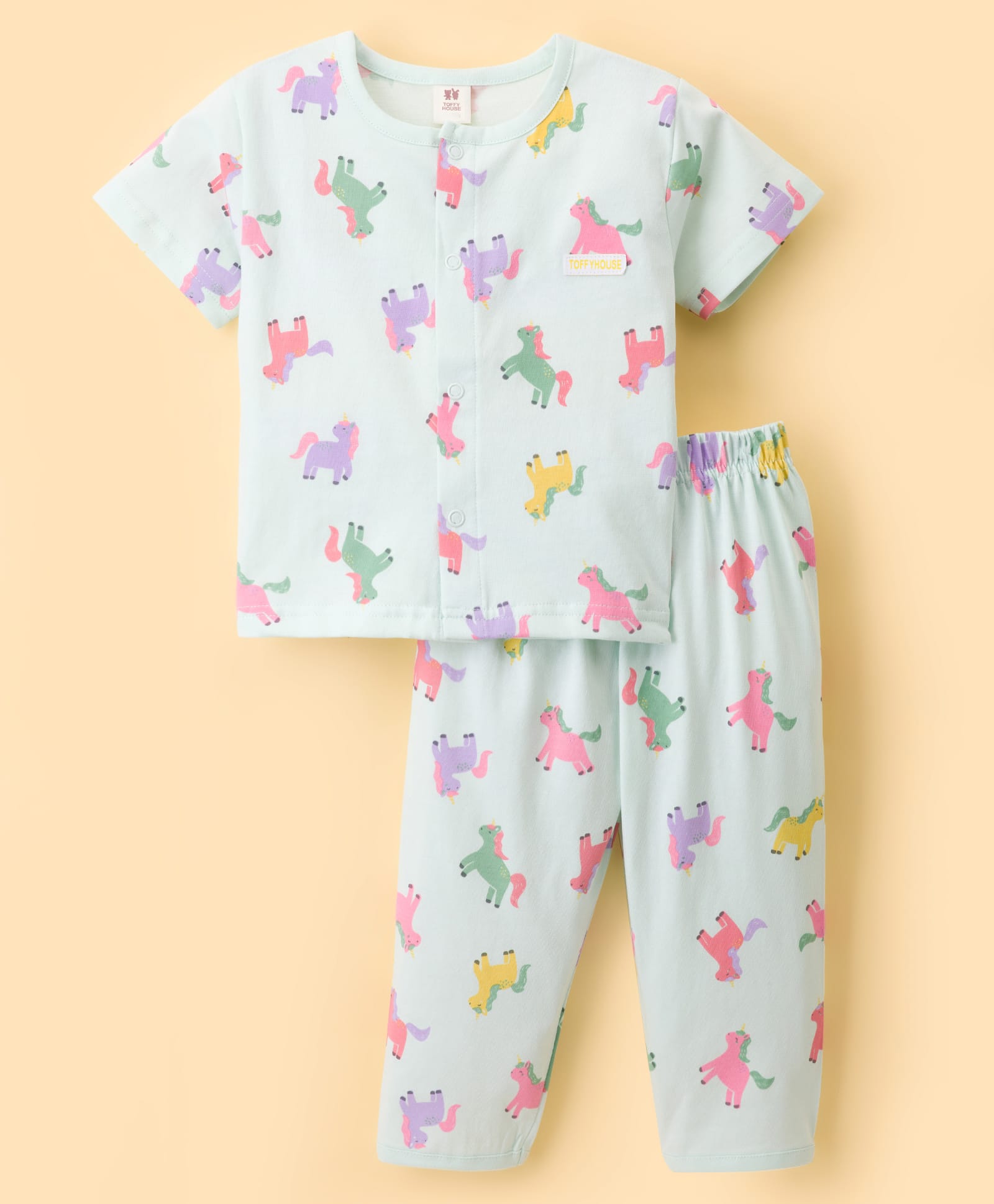 ToffyHouse Knit Half Sleeves T-Shirt & Pyjama Co-ord Night Suit With Unicorn Print - Light Green-picture-9