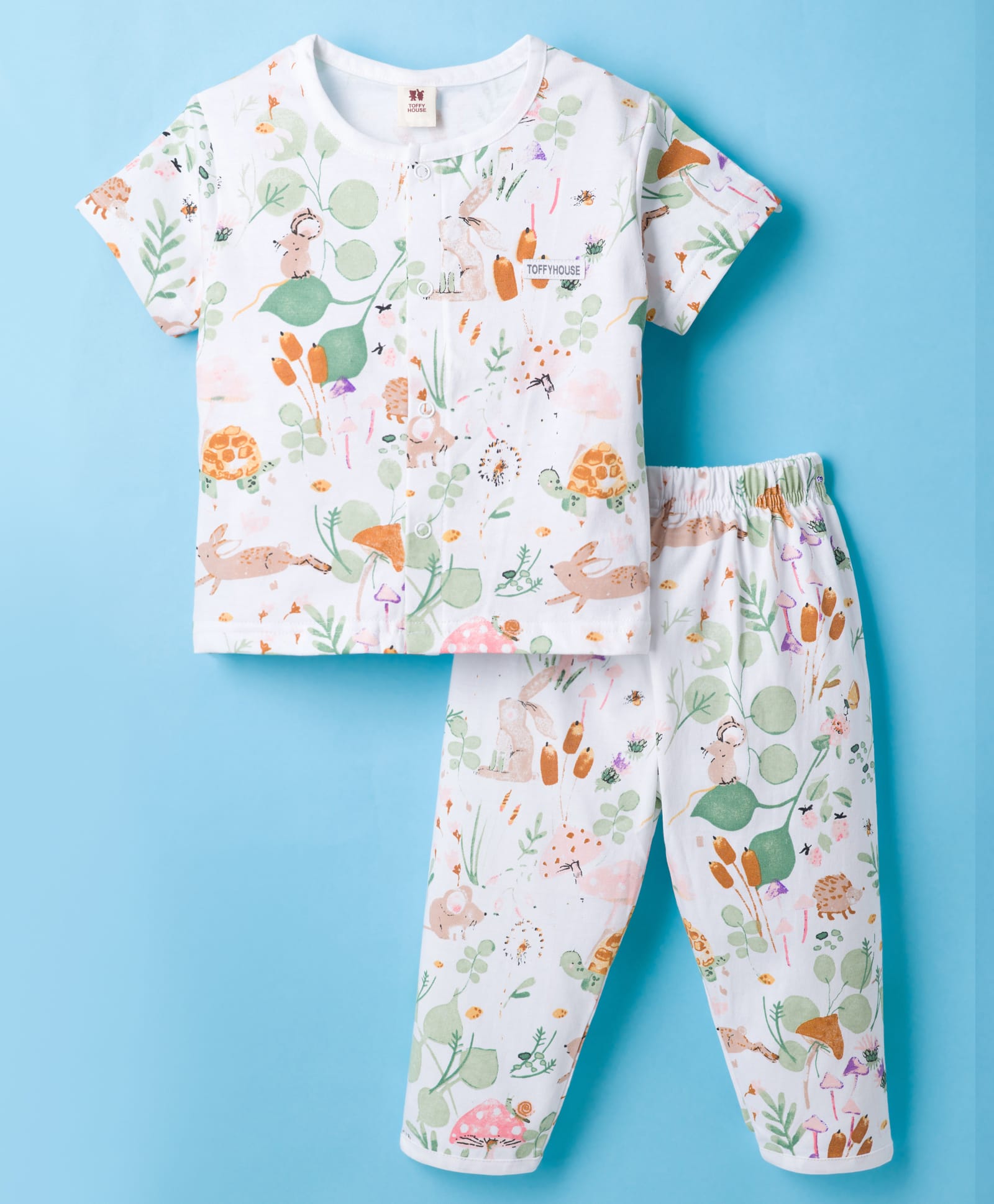 ToffyHouse Cotton Knit Front Open Half Sleeves Co-ord T-Style & Pajama Night Suit with Floral Print - White-picture-31