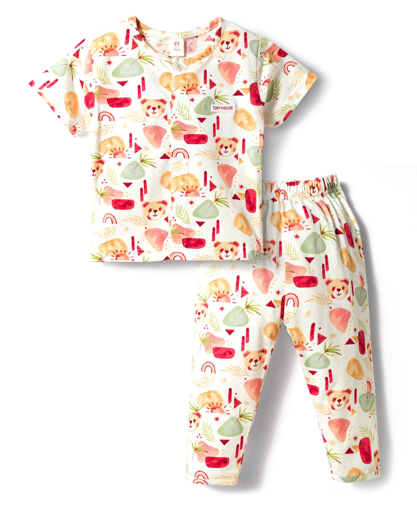 ToffyHouse Cotton Knit Half Sleeves Co-Ord T-Shirt & Pajama Night Suit with Jungle Theme Print - Off White-picture-39