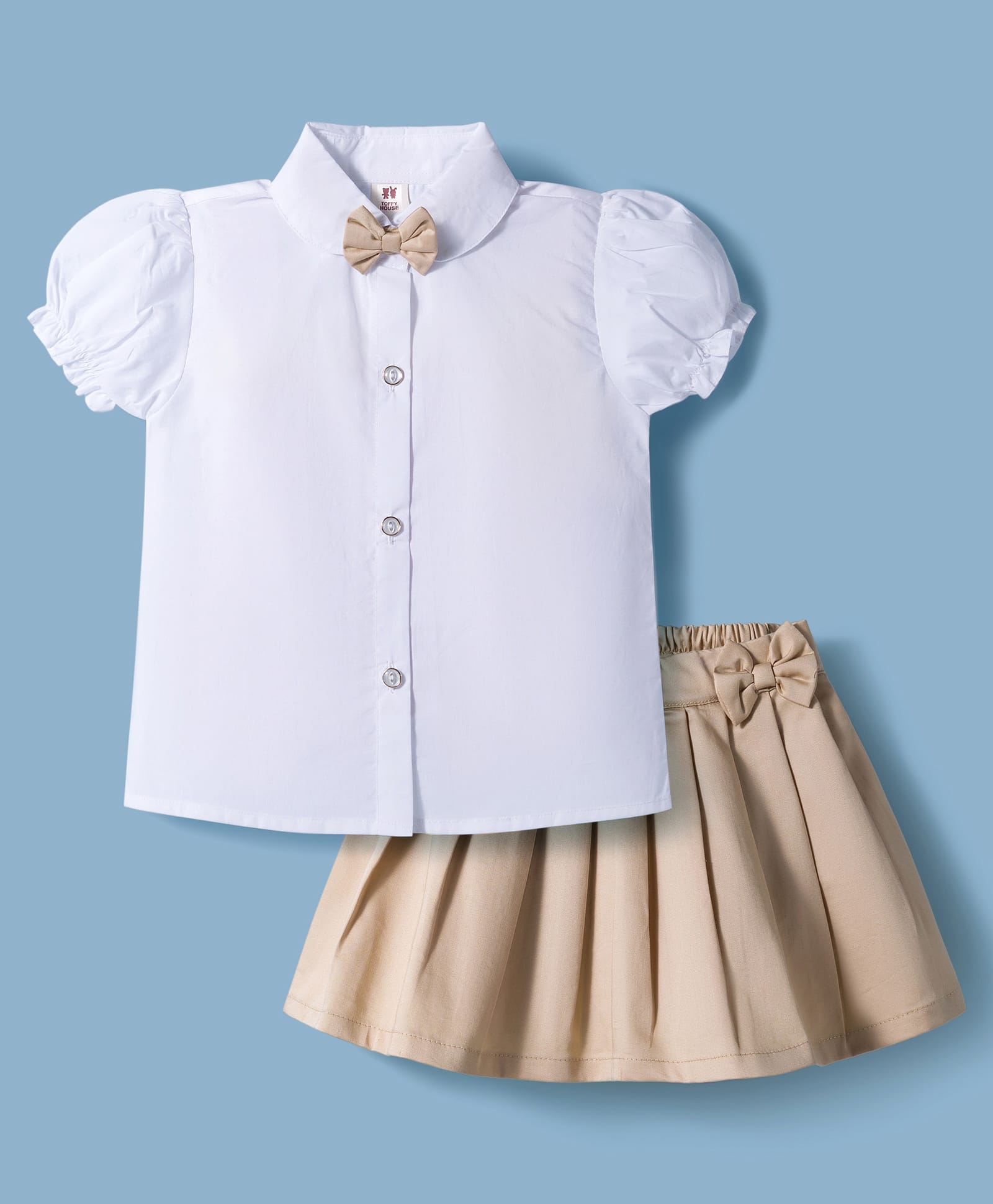 ToffyHouse Cotton Woven Half Sleeves Solid Top & Skirt Set With Bow Applique - Off White & Khaki-image-42