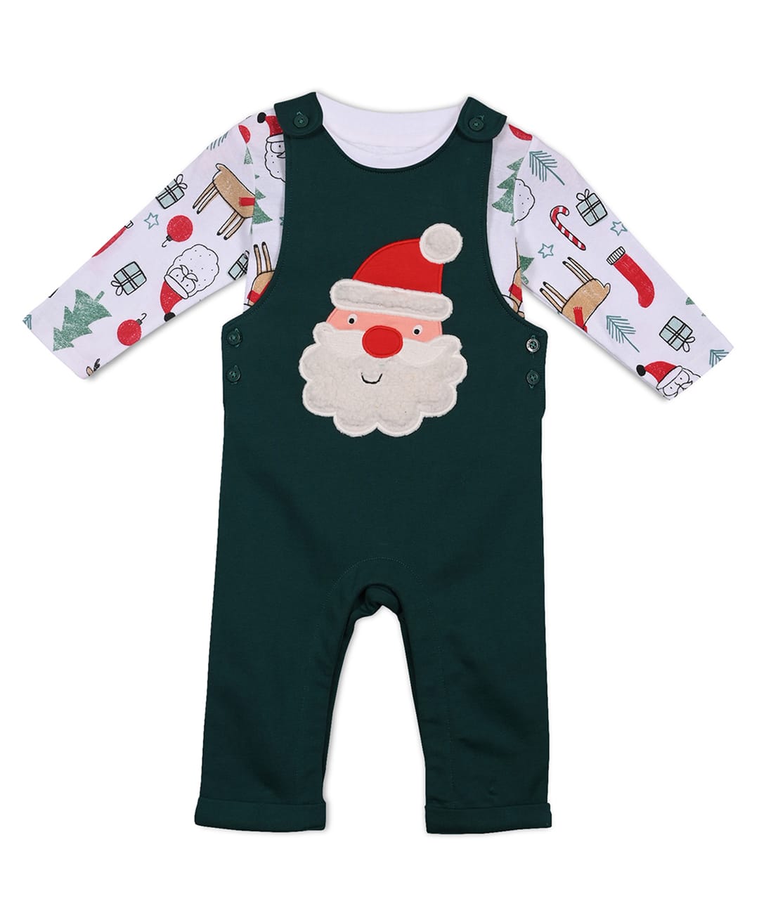 MINI KLUB Cotton Knit Christmas Theme Santa Claus Embroidered Dungaree With Full Sleeves Tee - White & Green-image-19