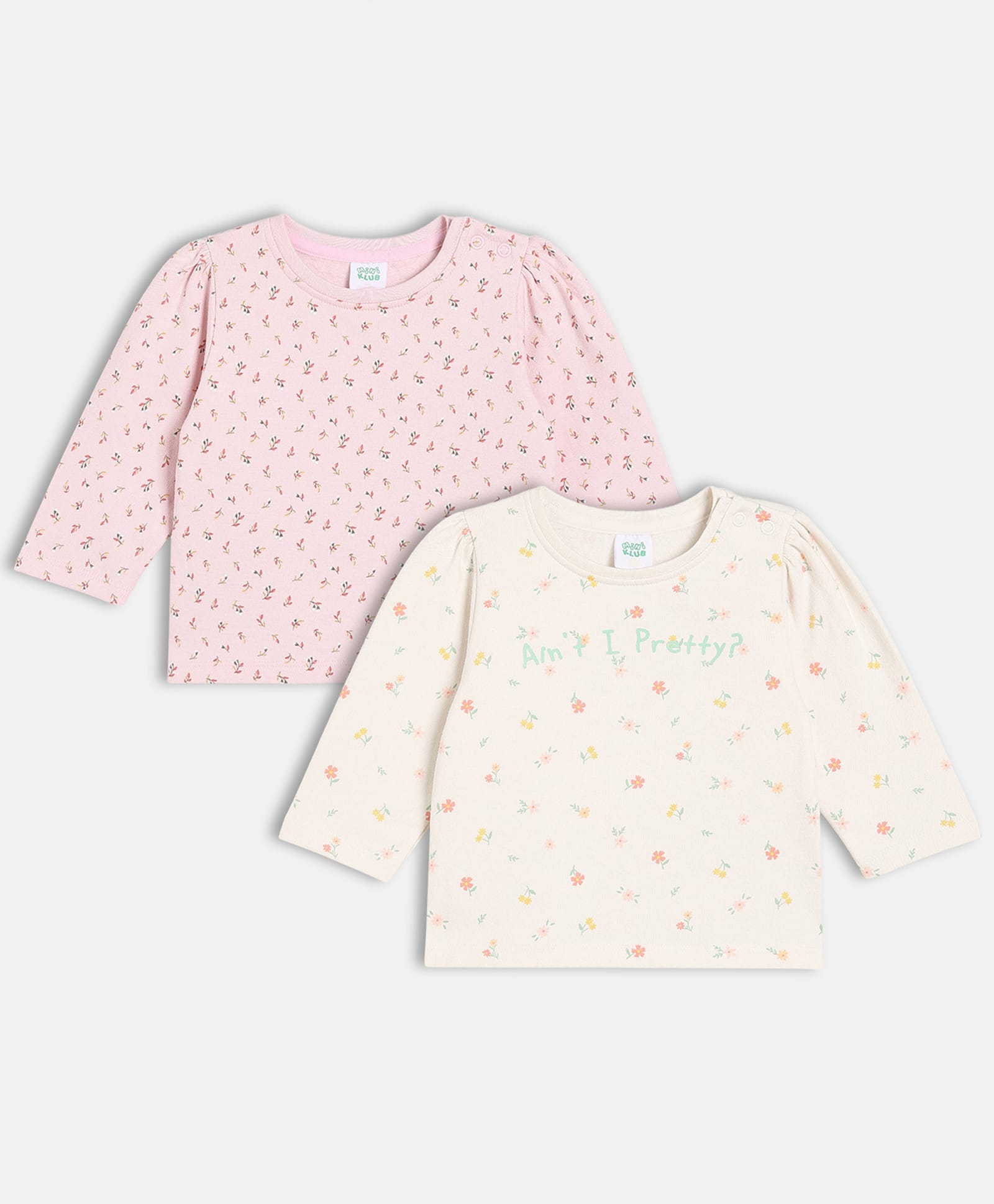 MINI KLUB Cotton Knit Pack Of 2 Full Sleeves Floral Printed Tops - Pink & White-image-45