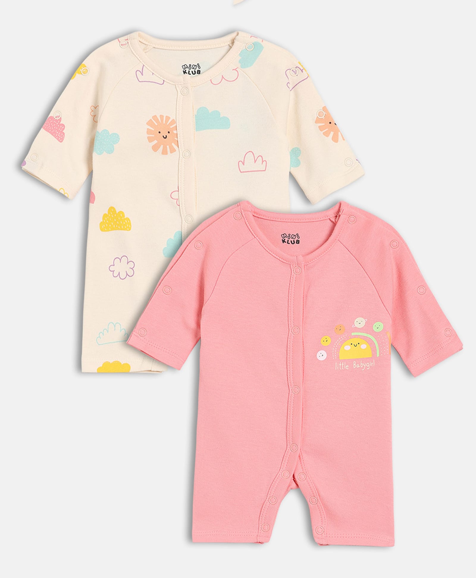 MINI KLUB Cotton Knit Pack Of 2 Full Sleeves Clouds Printed Rompers - Pink-image-42