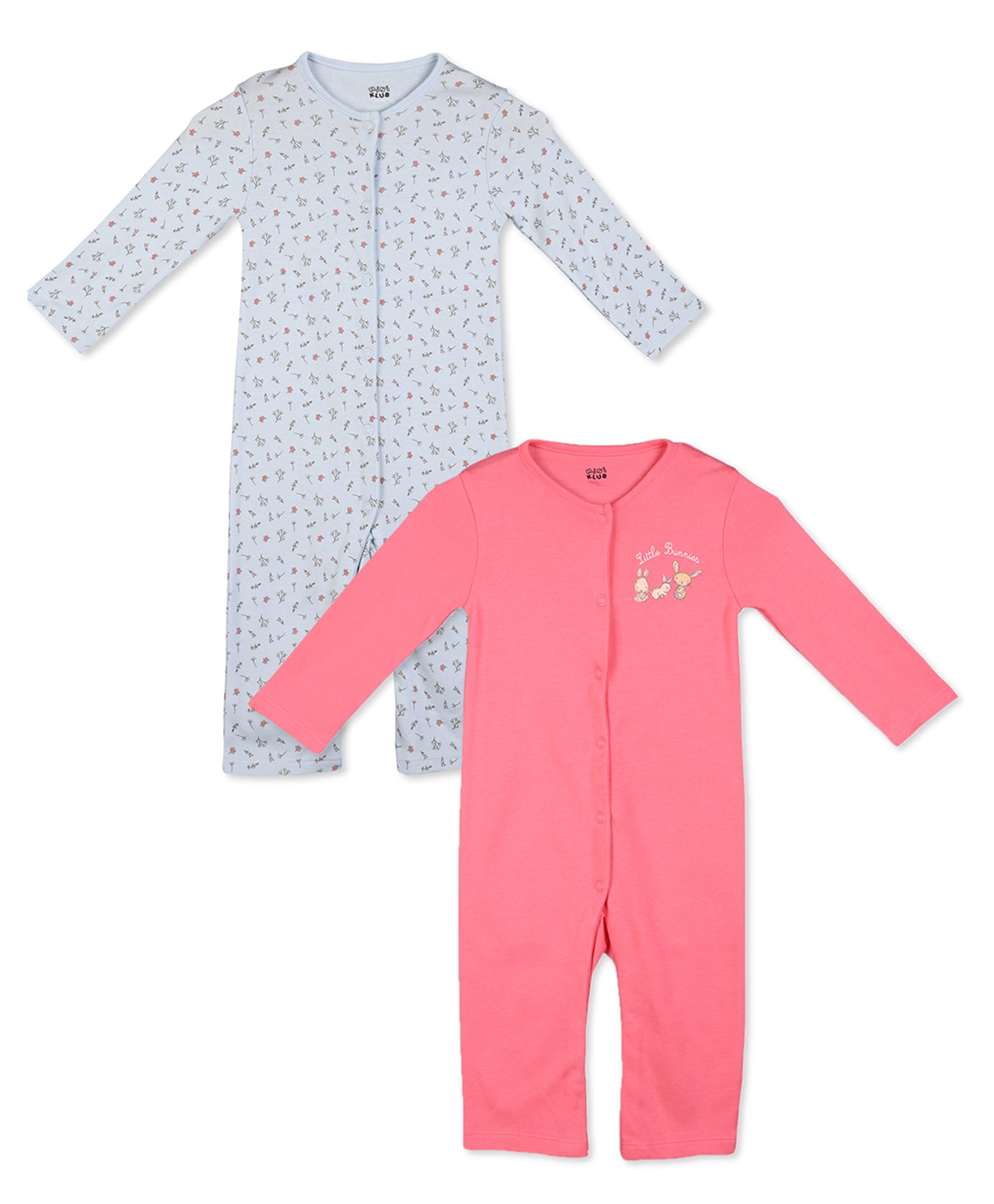 MINI KLUB Cotton Knit Pack Of 2 Full Sleeves Floral & Bunnies Printed Rompers - Pink & Blue-picture-37