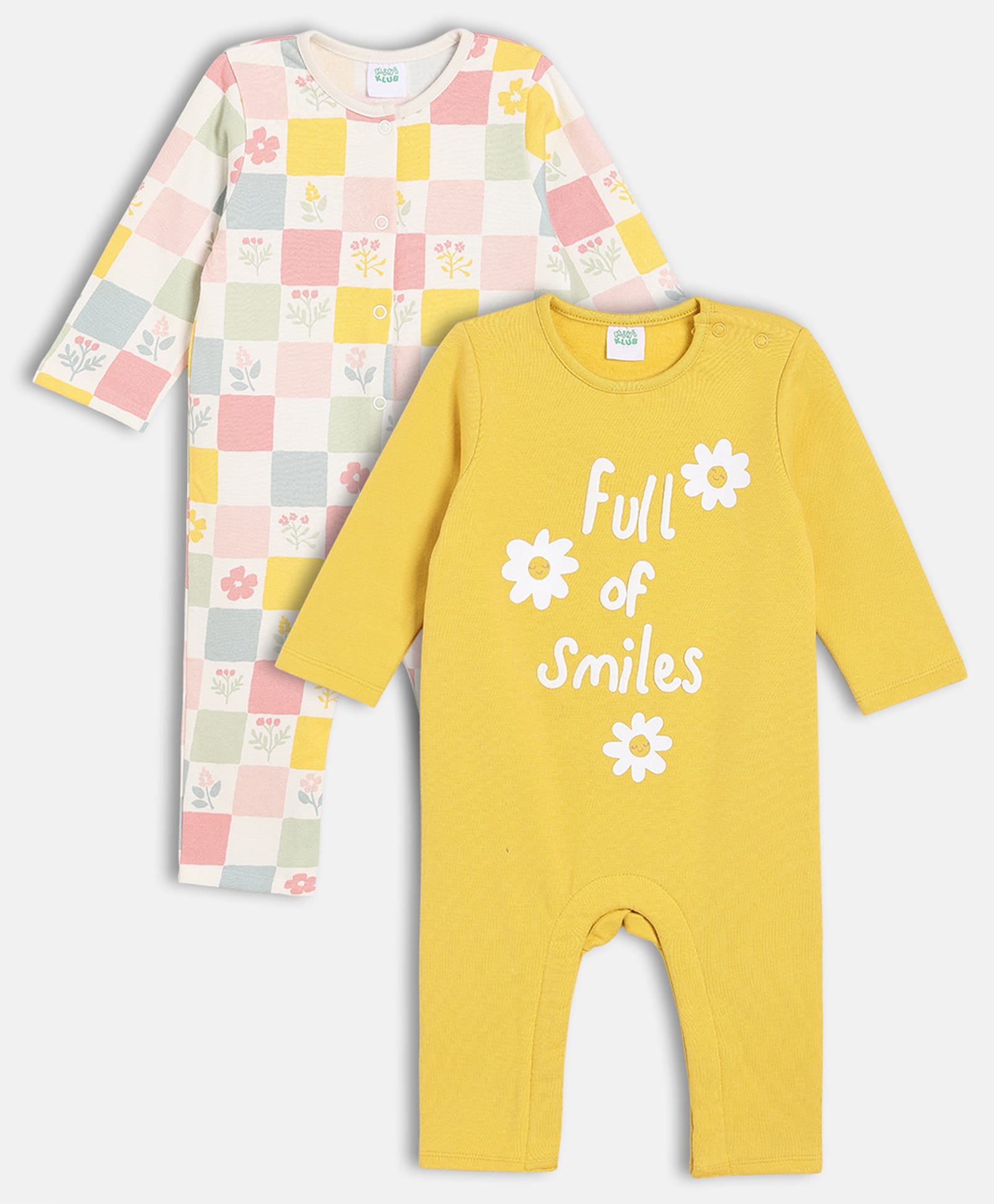 MINI KLUB Cotton Knit Pack Of 2 Full Sleeves Floral Checked & Full Of Smiles Text Printed Rompers - Pink & Yellow-picture-21