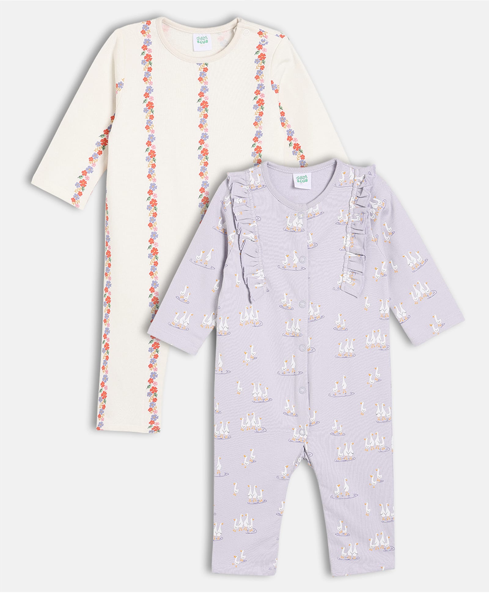 MINI KLUB Cotton Knit Pack Of 2 Full Sleeves Duck & Floral Printed Rompers - Purple & White-image-28
