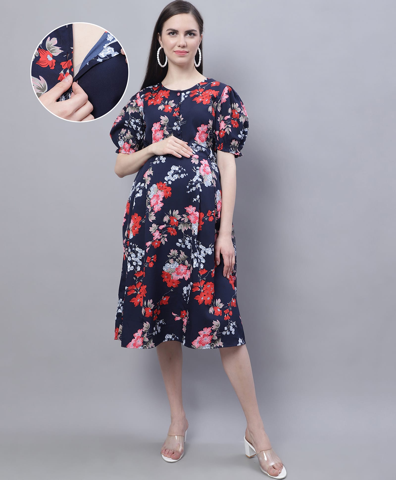 Moms Maternity Crepe Woven Half Puffed Sleeves Floral Printed Maternity Dress With Front Open Nursing Access - Navy Blue-picture-32