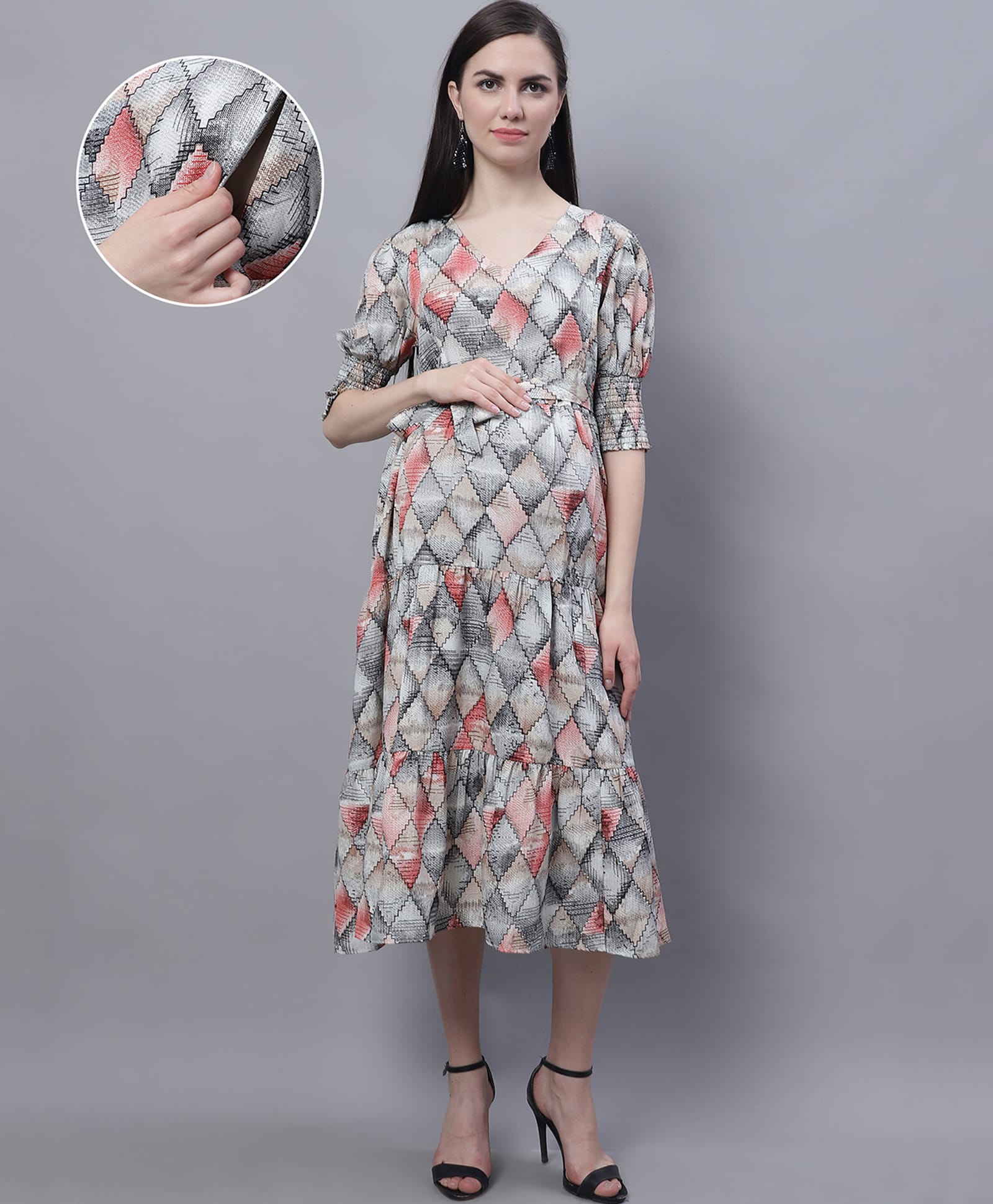 Moms Maternity Crepe Woven Half Puffed Sleeves Geometric Printed Maternity Dress With Side Seam Zipper Nursing Access - Grey-picture-34