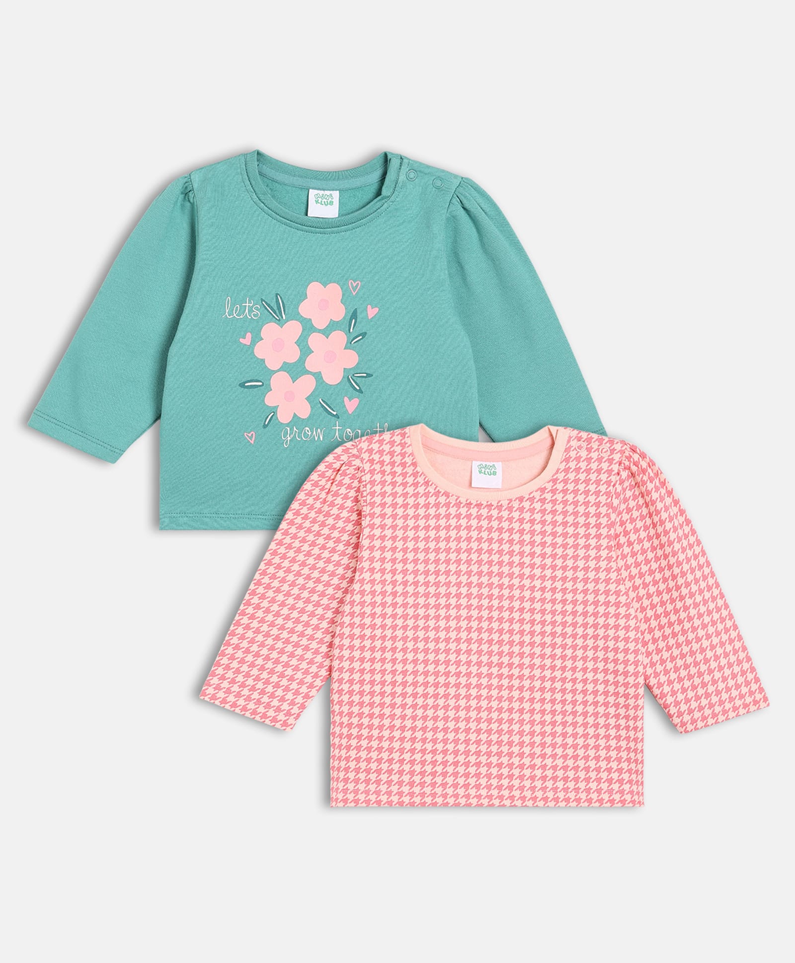 MINI KLUB Cotton Knit Pack Of 2 Full Sleeves Checked & Floral Printed Knit Tops - Teal Green & Pink-image-11