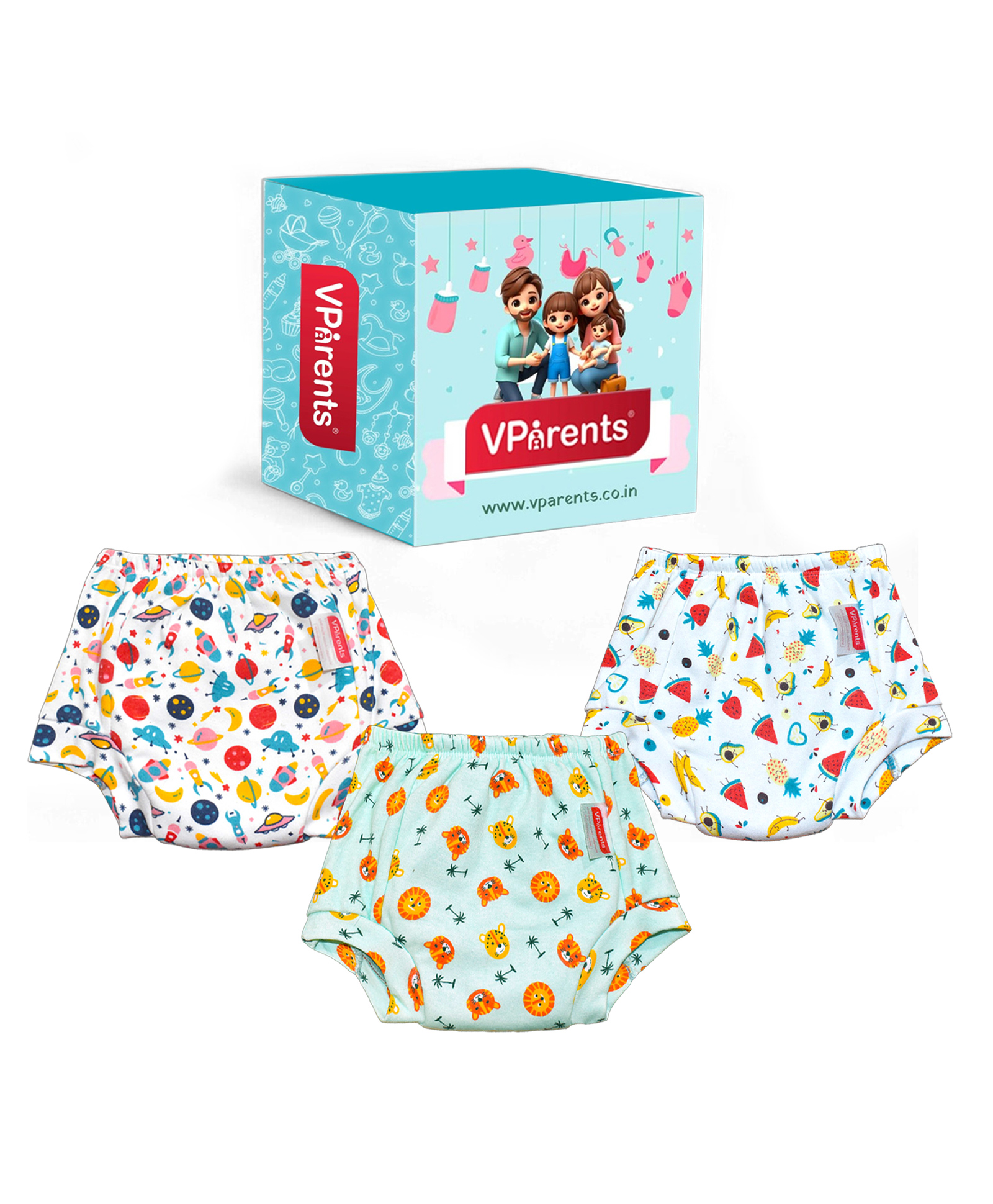 VParents Padded Underwear for Babies and Toddlers with 3 Layers of Cotton Padding Potty Training Pull Up & Diaper-Free Time (3-4 Years) PO3 Watermelon, Lion & Galaxy-picture-5