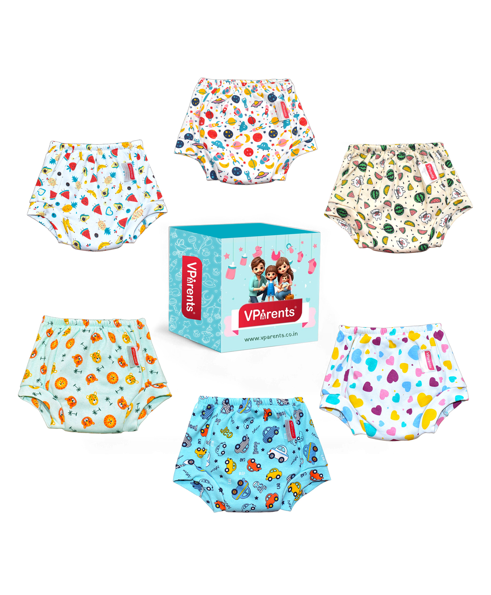 VParents Padded Underwear for Babies and Toddlers with 3 Layers of Cotton Padding Potty Training Pull Up & Diaper-Free Time (3-4 years) PO6 Lion, Car, Heart, Galaxy, Fruity & Watermelon-picture-25