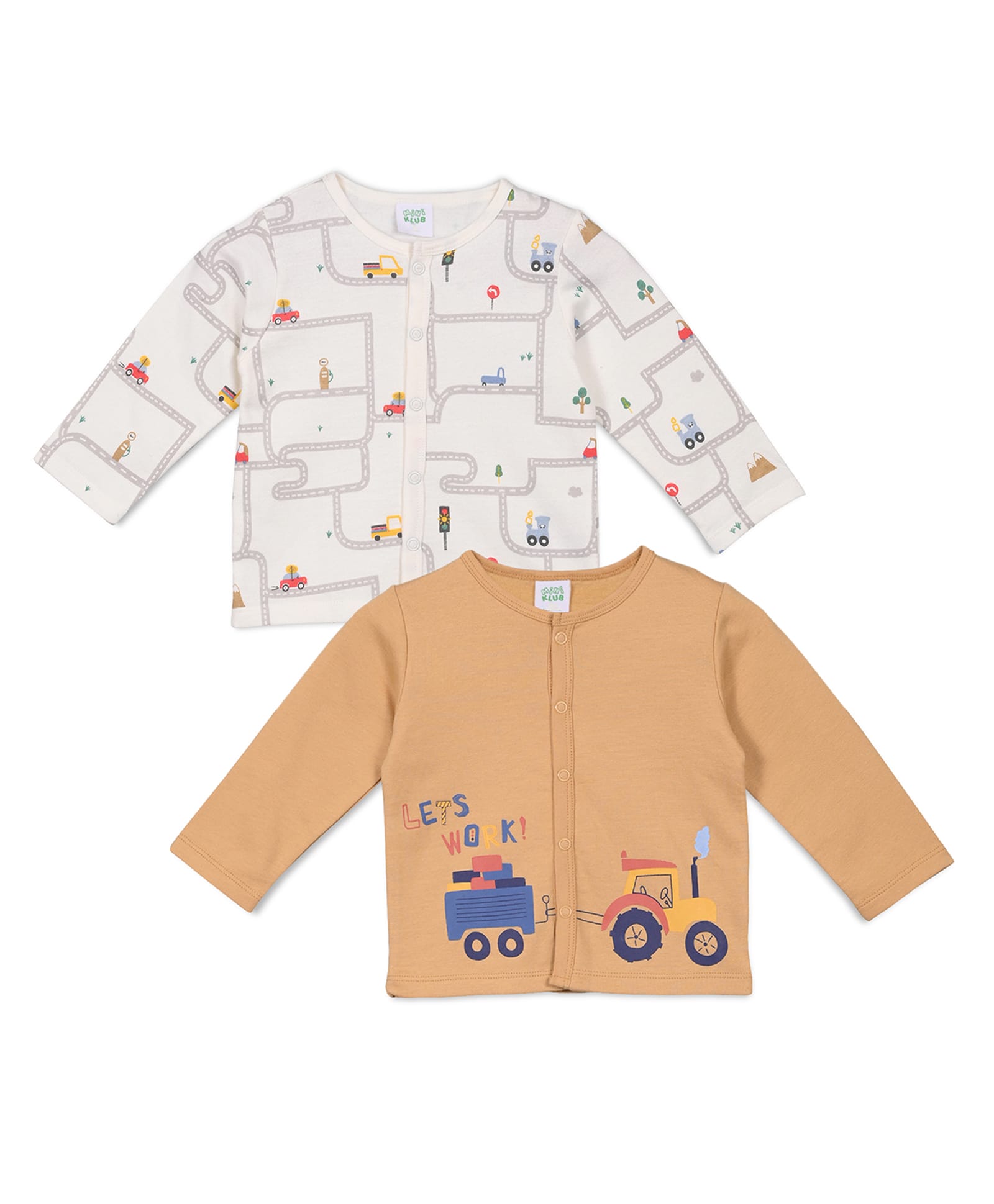MINI KLUB Cotton Knit Pack Of 2 Full Sleeves Cars Printed Front Open Vests - Brown & White-image-26